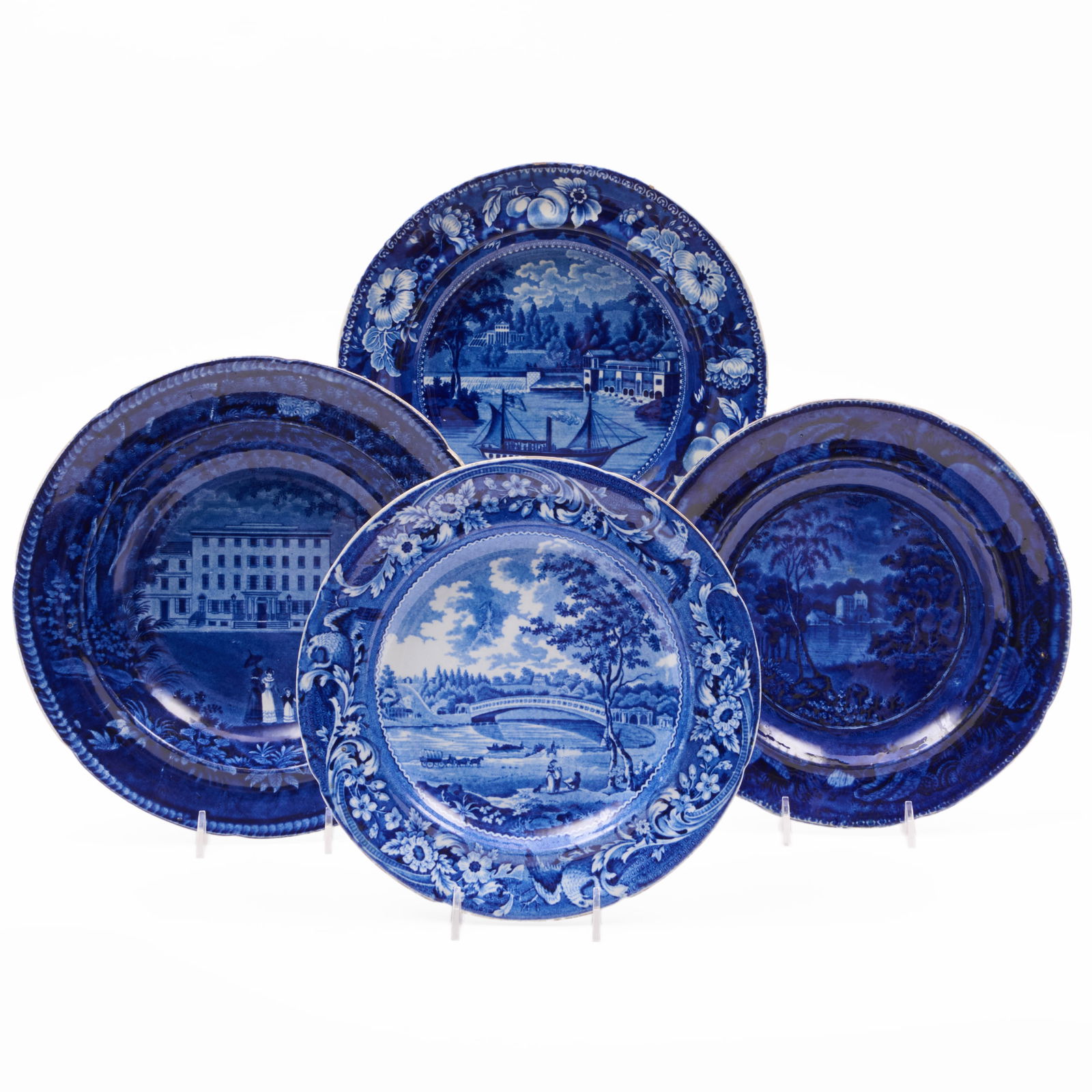 Group of Four Historical Staffordshire Plates Relating to Pennsylvania: Group of Four Historical Staffordshire Plates Relating to Pennsylvania Comprising: A 'The Dam and Water Works Philadelphia' plate, blue printed mark An Enoch Wood 'Gilpin Mills on the Brandywine' plat