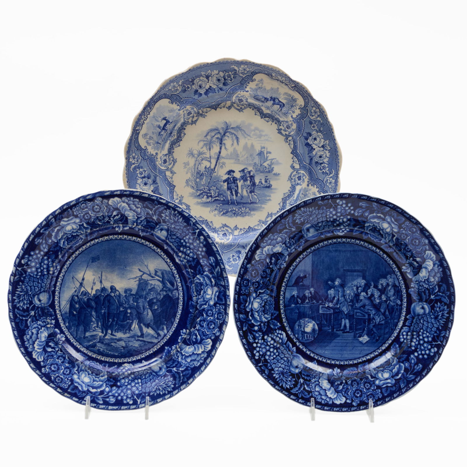 William Adams & Son Staffordshire Plate of 'Columbus' and a Pair of American Themed Plates: William Adams & Son Staffordshire Plate of 'Columbus' and a Pair of American Themed Plates Blue printed marks. The single 10 3/4 in. diam., the pair 10 in. diam. The Miller Family Collection, Pittsfie
