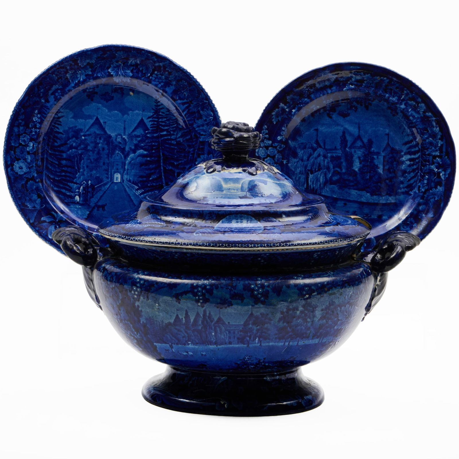 Two Enoch Wood Staffordshire 'French Views Northwest of La Grange, Marquis Lafayette' Plates and: Two Enoch Wood Staffordshire 'French Views Northwest of La Grange, Marquis Lafayette' Plates and Tureen The plates with blue printed and impressed mark, the tureen with blue printed mark. Together wit