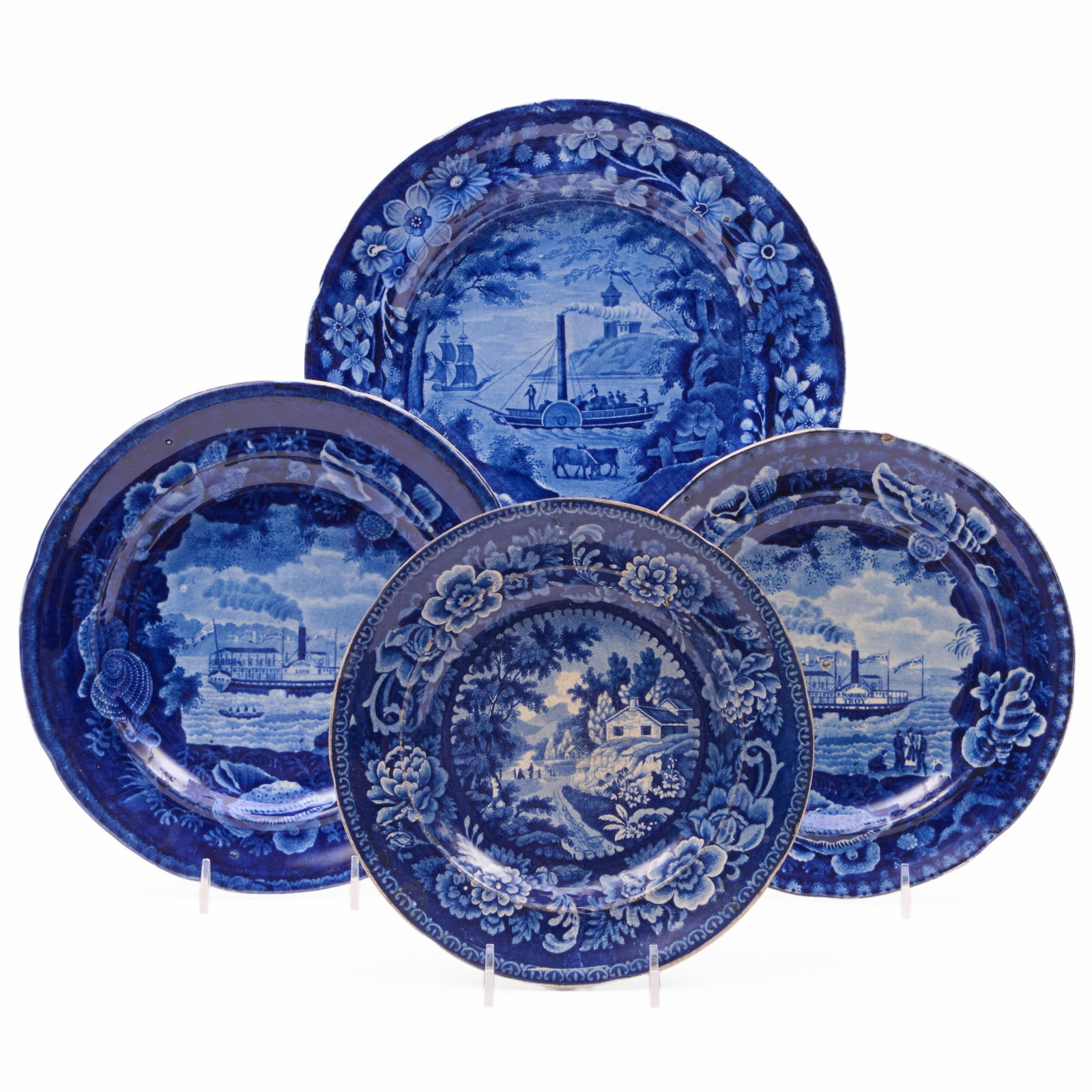 Group of Three Enoch Wood Staffordshire Plates Relating to Steamboat Travel: Group of Three Enoch Wood Staffordshire Plates Relating to Steamboat Travel Comprising: A 'Chief Justice Marshall Steamboat, Troy Line' plate, impressed mark A 'Union Line' plate, impressed mark A 'Fu
