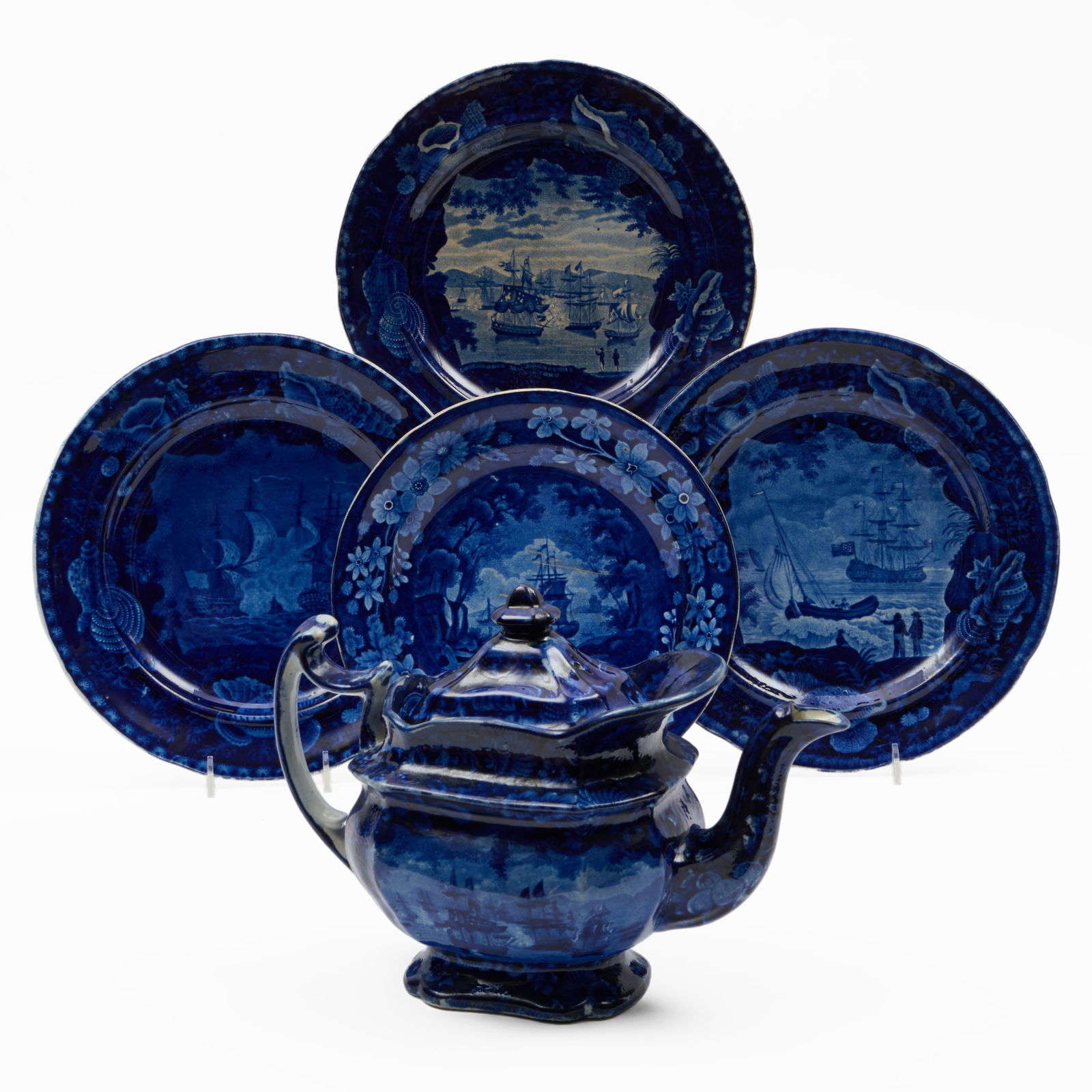 Historical Staffordshire Plates and a Teapot with Naval Themes: Historical Staffordshire Plates and a Teapot with Naval Themes Comprising: A 'Commodore MacDonnough's Victory' teapot and cover, unmarked An Enoch Wood 'Commodore MacDonnough's Victory' plate, impress