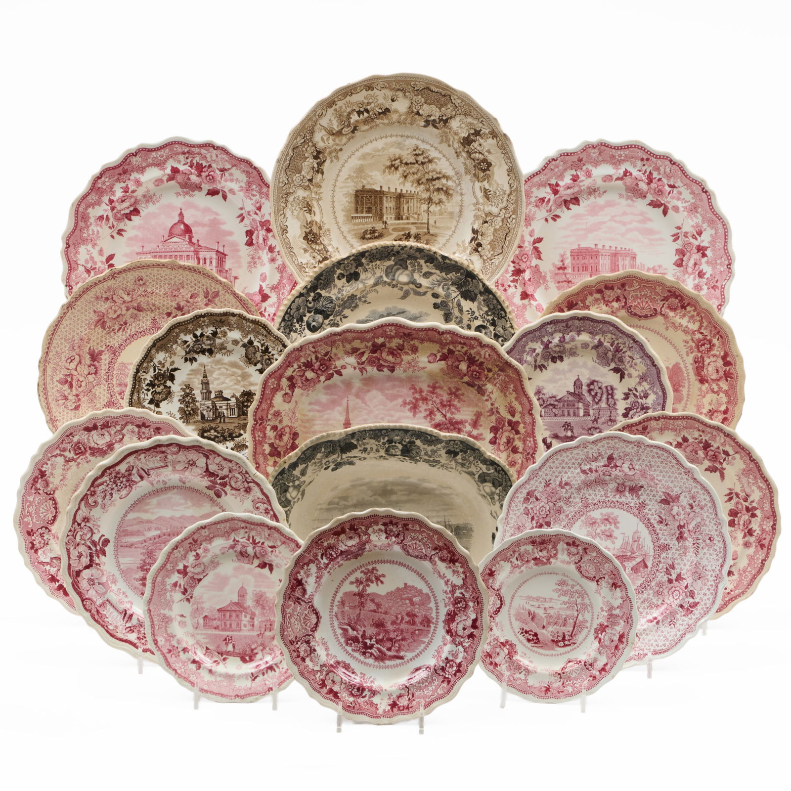 Assembled Historical Staffordshire Part Service: Assembled Historical Staffordshire Part Service Various makers and marks. Comprising: A black printed open vegetable dish A black printed dessert plate Two black printed dinner plates in two sizes A r