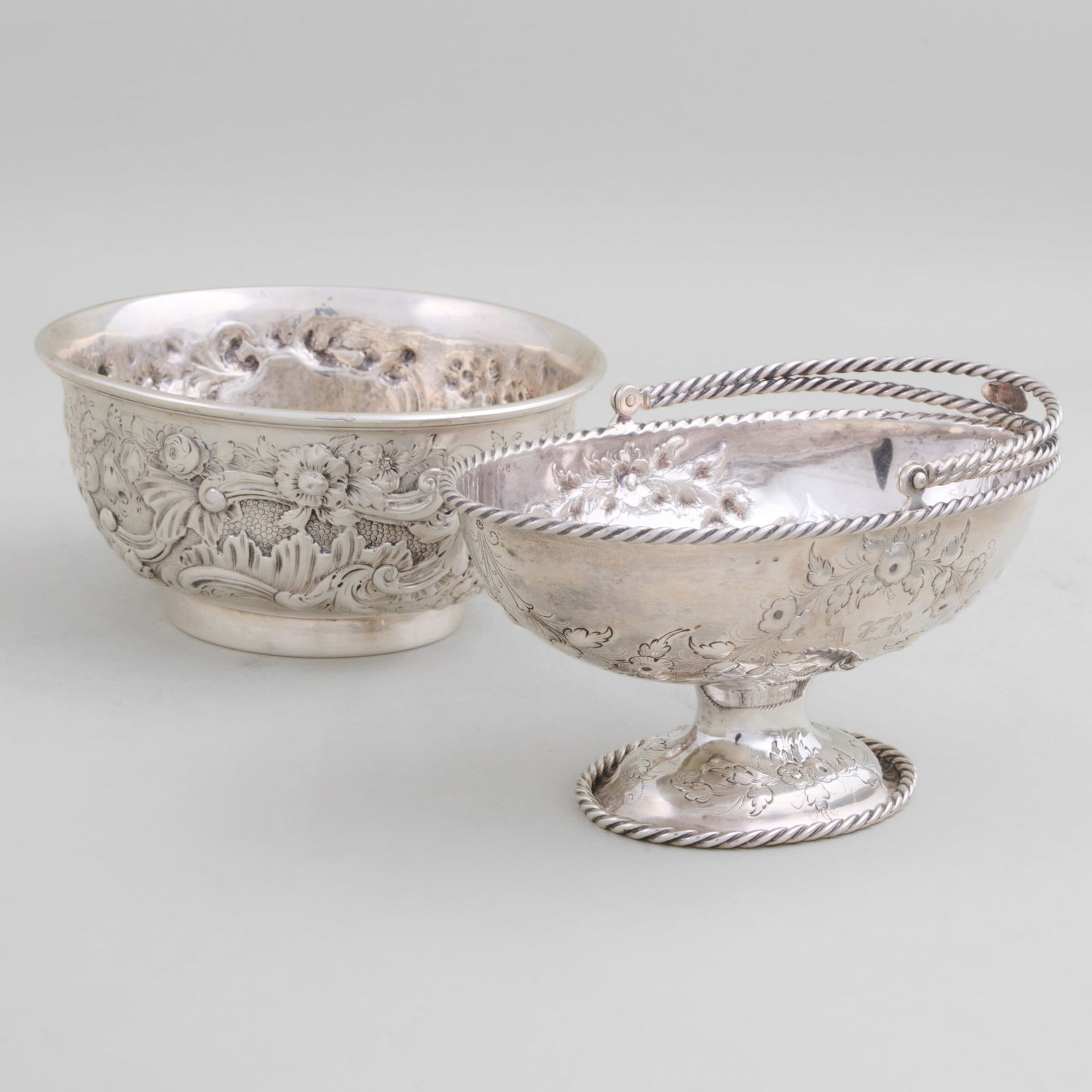 Ball, Tompkins & Black, New York, Silver Waste Bowl and a Sugar Basket: Ball, Tompkins & Black, New York, Silver Waste Bowl and a Sugar Basket The bowl with maker's mark, the basket apparently unmarked; each monogrammed. The bowl 3 1/8 x 6 1/8 in. diam., the basket 6 1/4