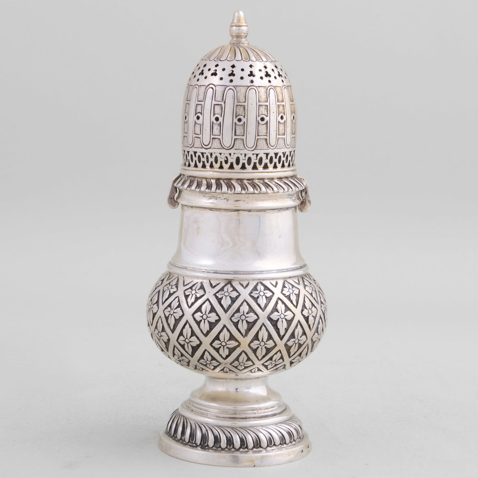 German Silver Muffineer: German Silver MuffineerMarked '.800'.8 x 3 in. diam., 10.2 oz. approx. weight.The Miller Family Collection, Pittsfield, MA.