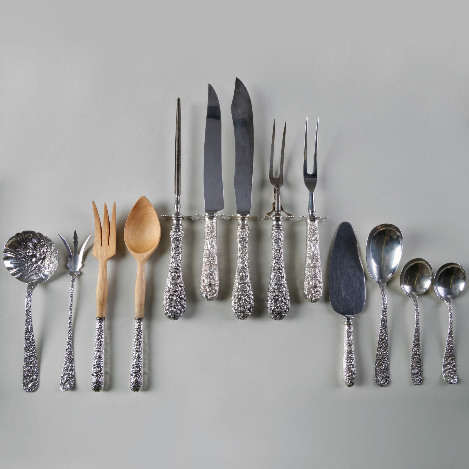 Assembled Set of American Silver Flower Repousse Utensils (1 of 17)
