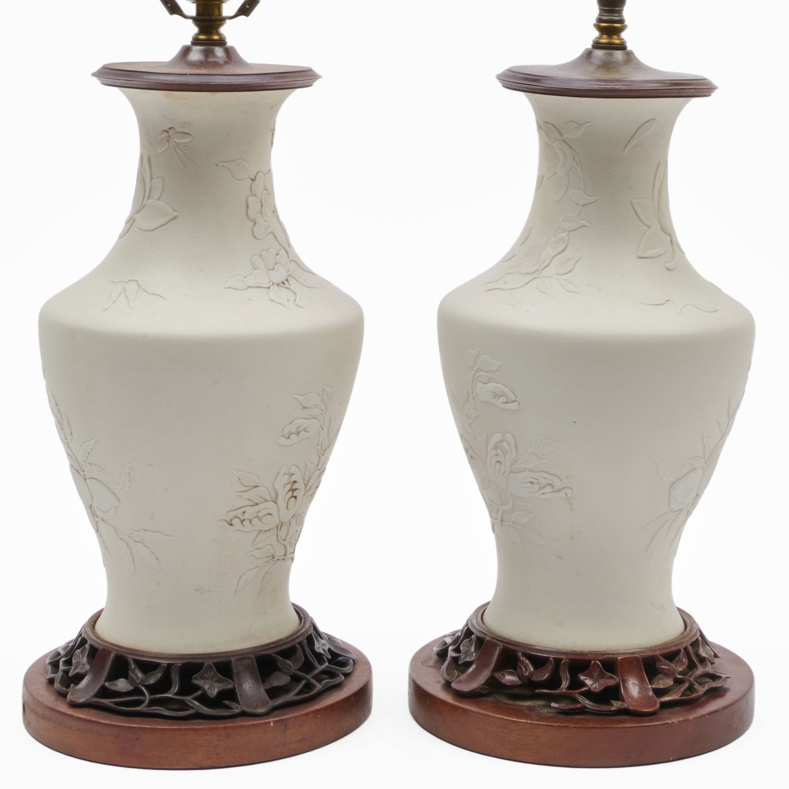 Pair of Chinese Biscuit Porcelain Vases Mounted as Lamps (1 of 6)