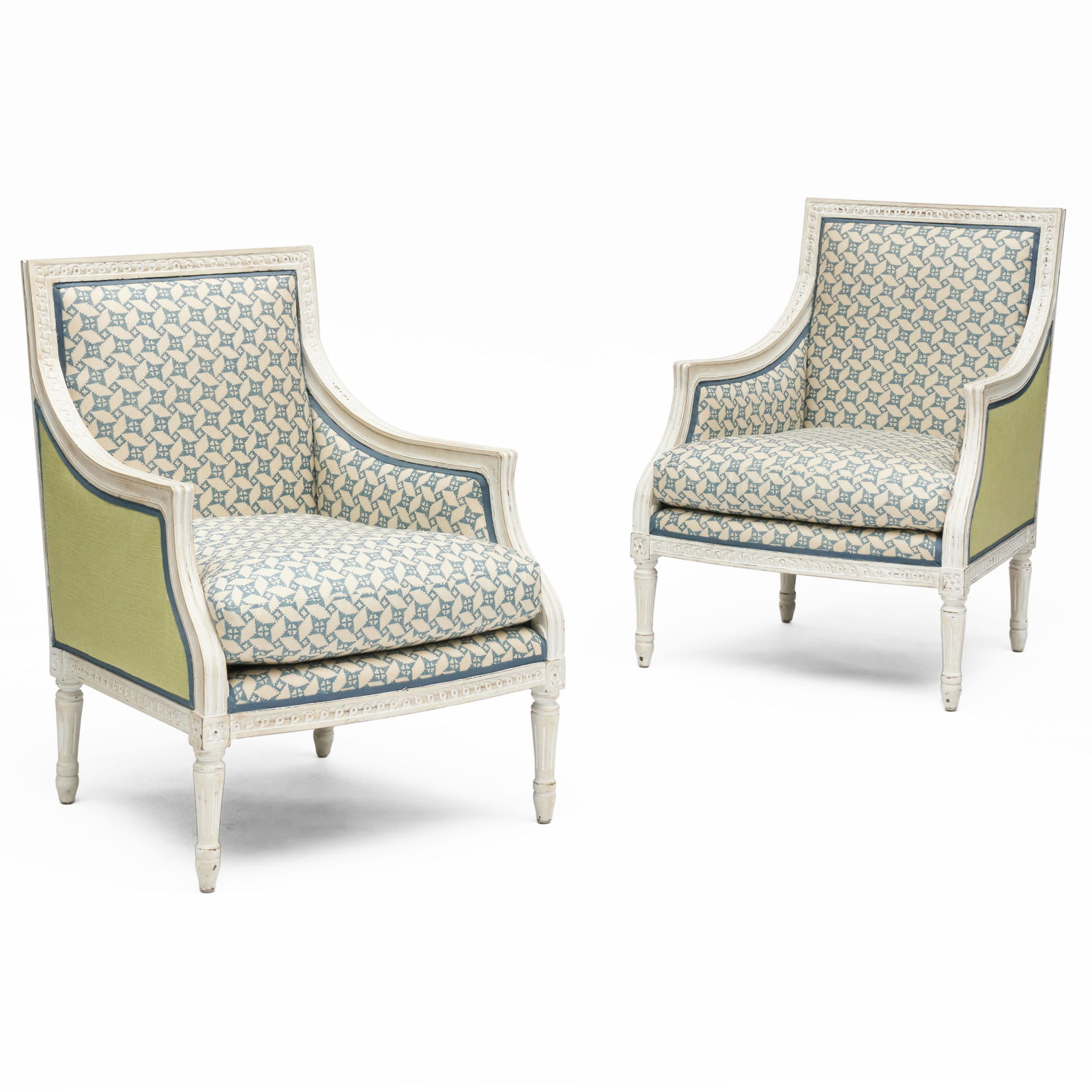 Pair of Louis XVI Style White Painted Bergeres: Pair of Louis XVI Style White Painted Bergeres
