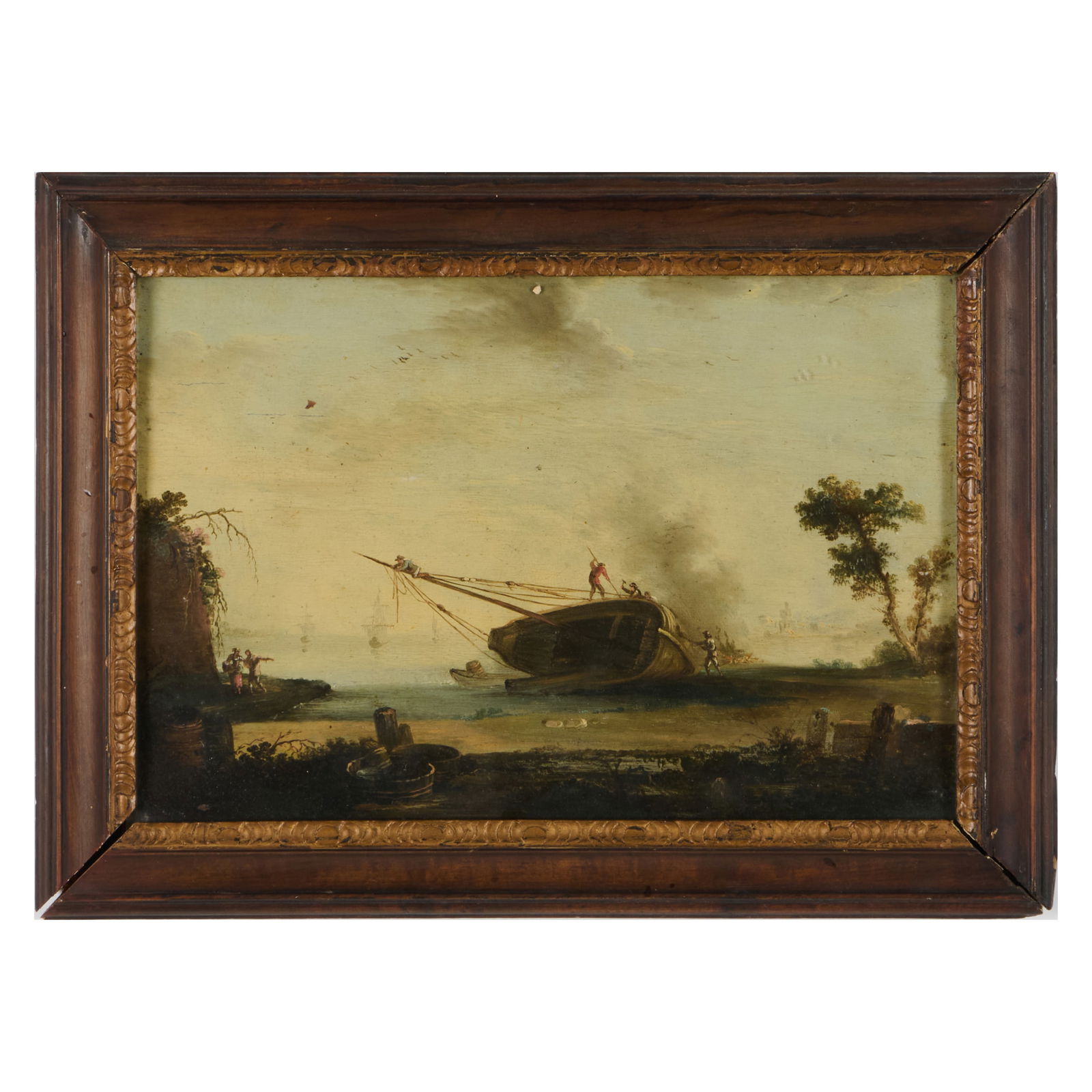 European School: Grounded Sailing Vessel: European School: Grounded Sailing Vessel Oil on board, unsigned. 7 x 10 in., 10 x 13 1/2 in. (frame). The Vincent Dyckman Andrus Family Collection.