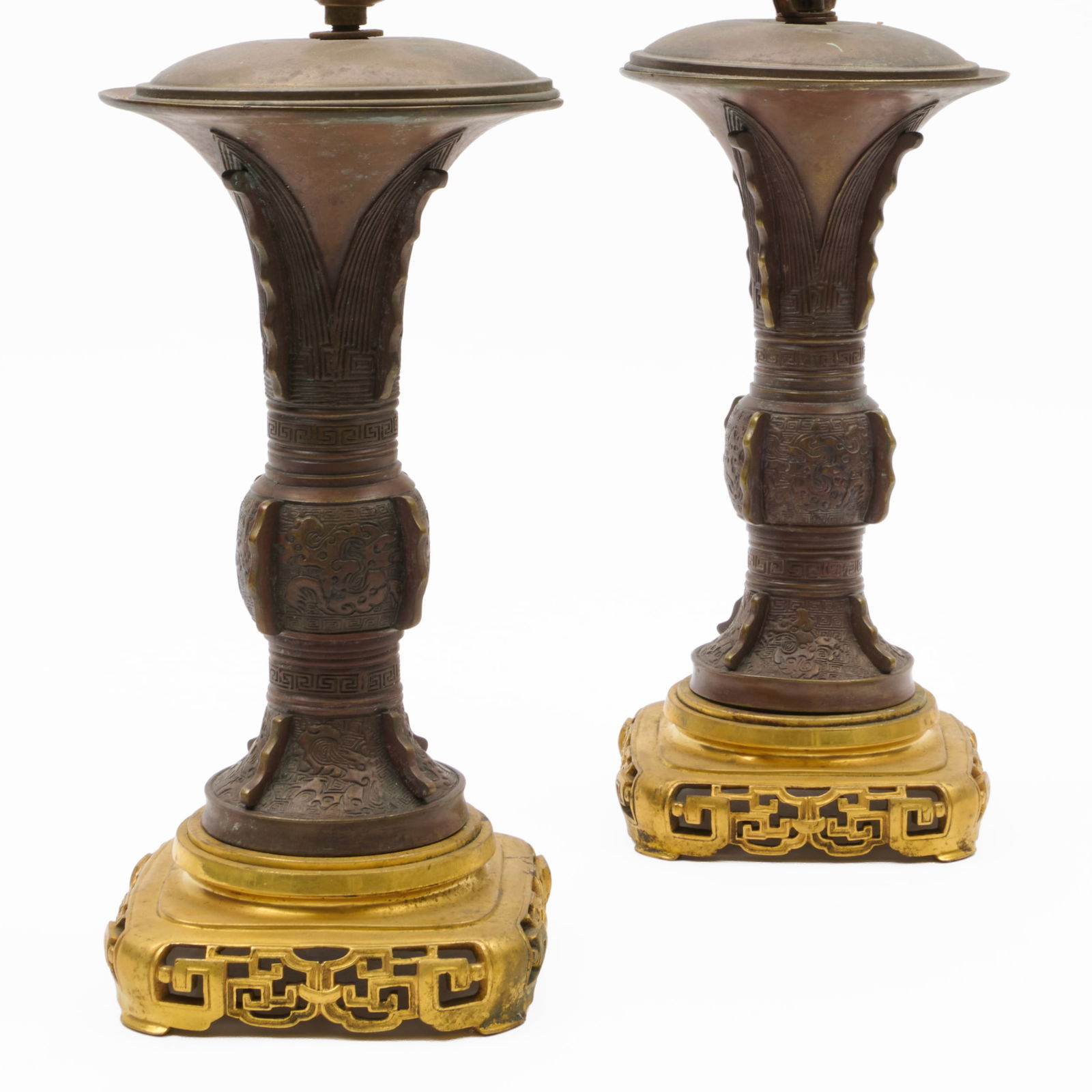 Pair of Chinese Patinated Metal Gu Form Vases on Stands Mounted as Lamps (1 of 8)