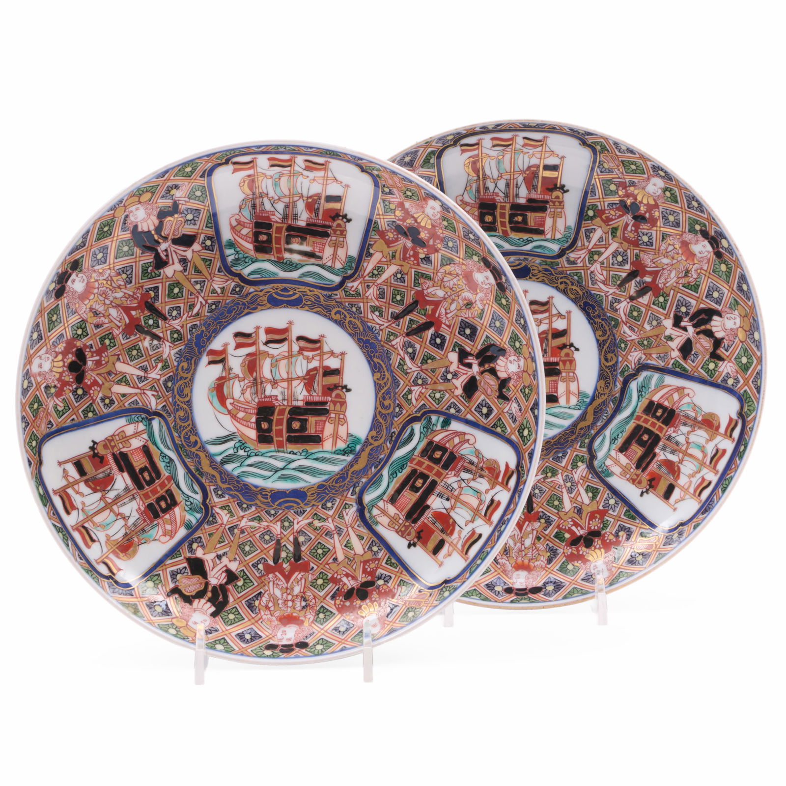 Pair of Japanese Imari Porcelain 'Dutch Black Ship' Plates (1 of 6)