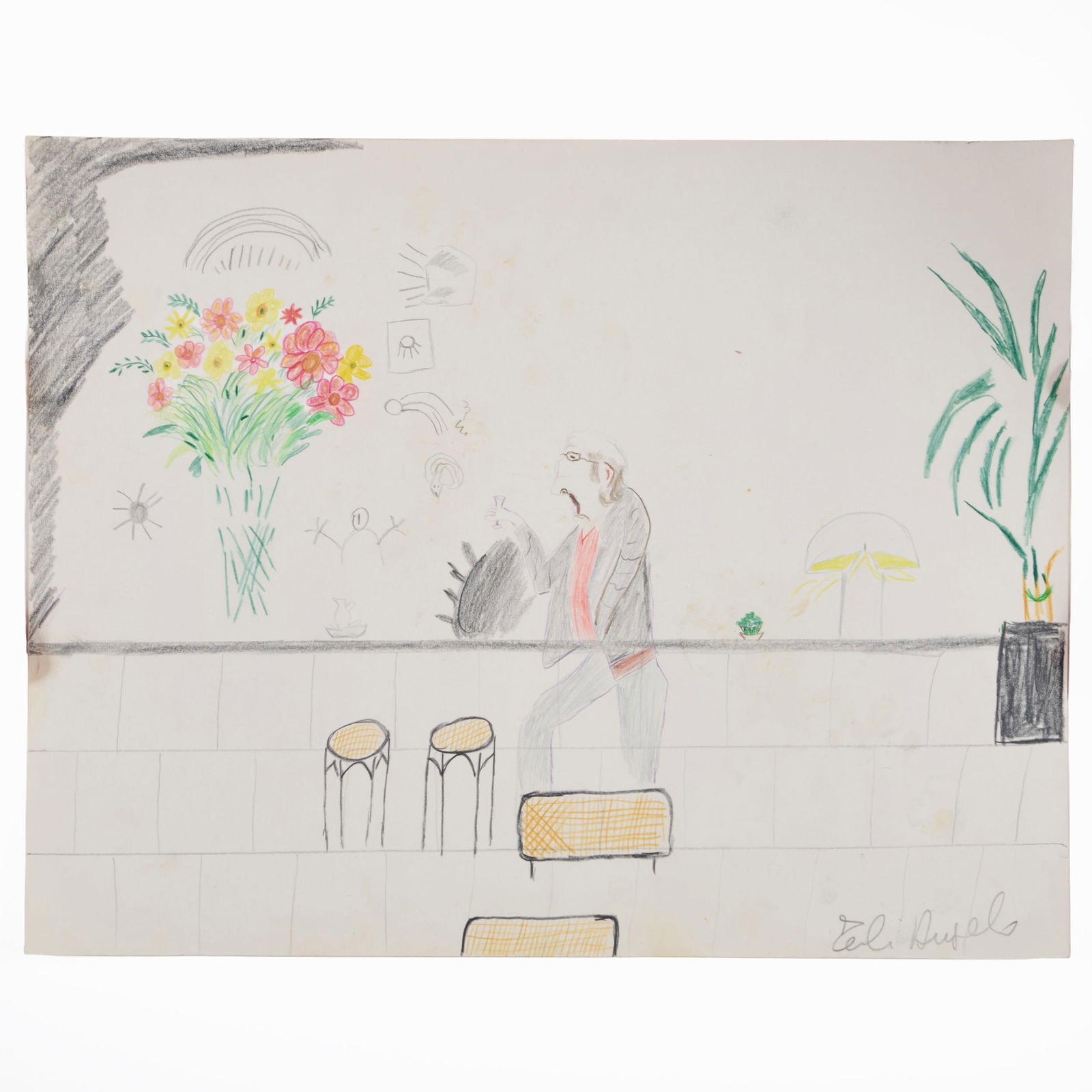 Enzo Apicella (1922-2018): Micellaneous Group of Four Works: Enzo Apicella (1922-2018): Micellaneous Group of Four Works Untitled (Man at a Bar), pencil and colored pencil on found paper menu, signed 'Enzo Apicella' lower right; Untitled (Spaghetti Tree)<