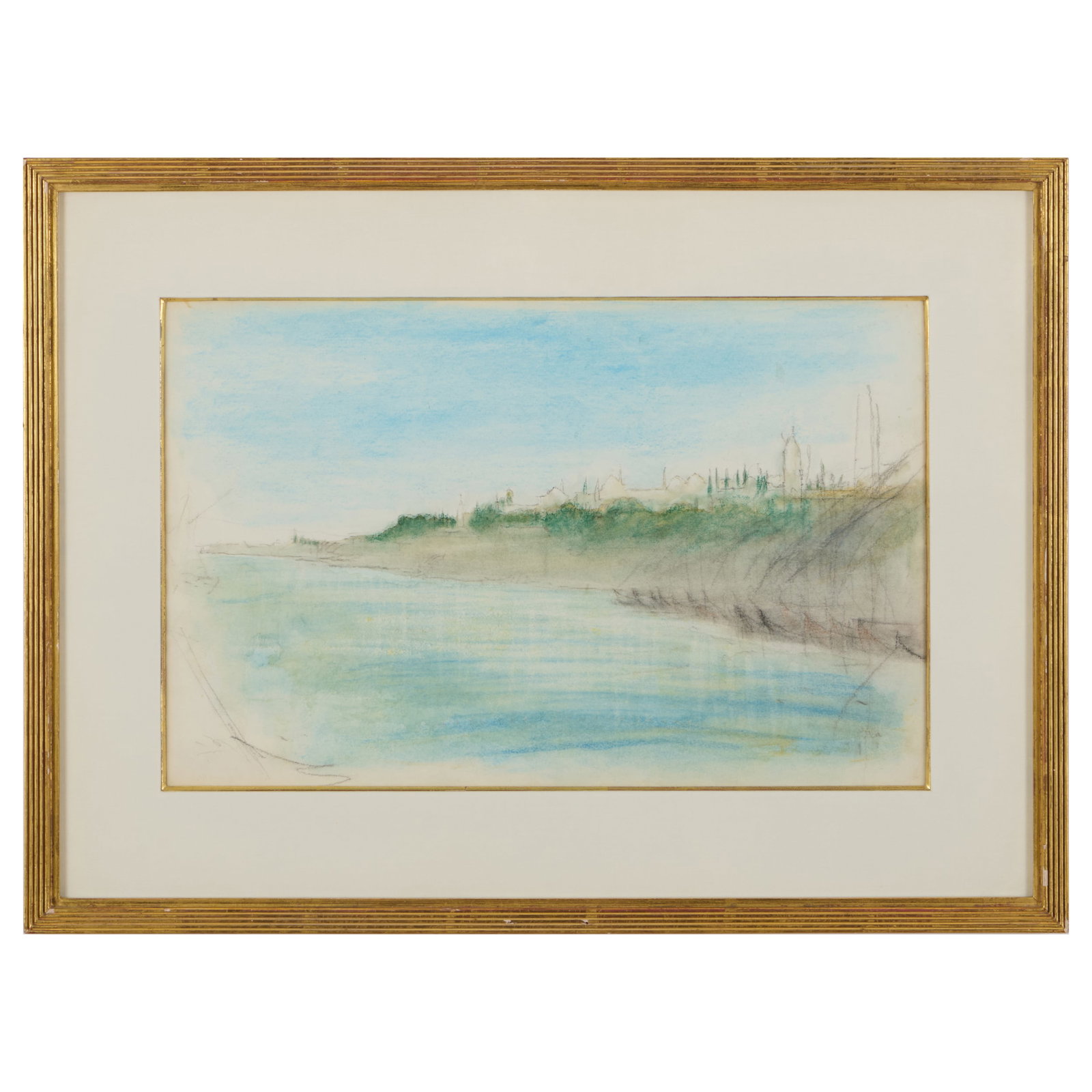 20th Century School: City View Across the Shoreline : 20th Century School: City View Across the Shoreline Mixed media on paper, unsigned. 11 x 16 7/8 in. (sheet), 17 x 23 in. (frame).