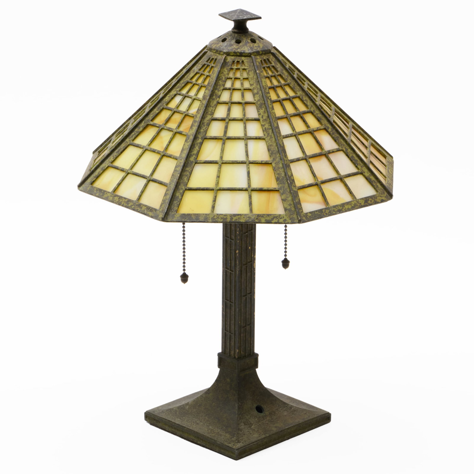 Columnar Patinated Metal Table Lamp with Leaded Glass Shade (1 of 7)