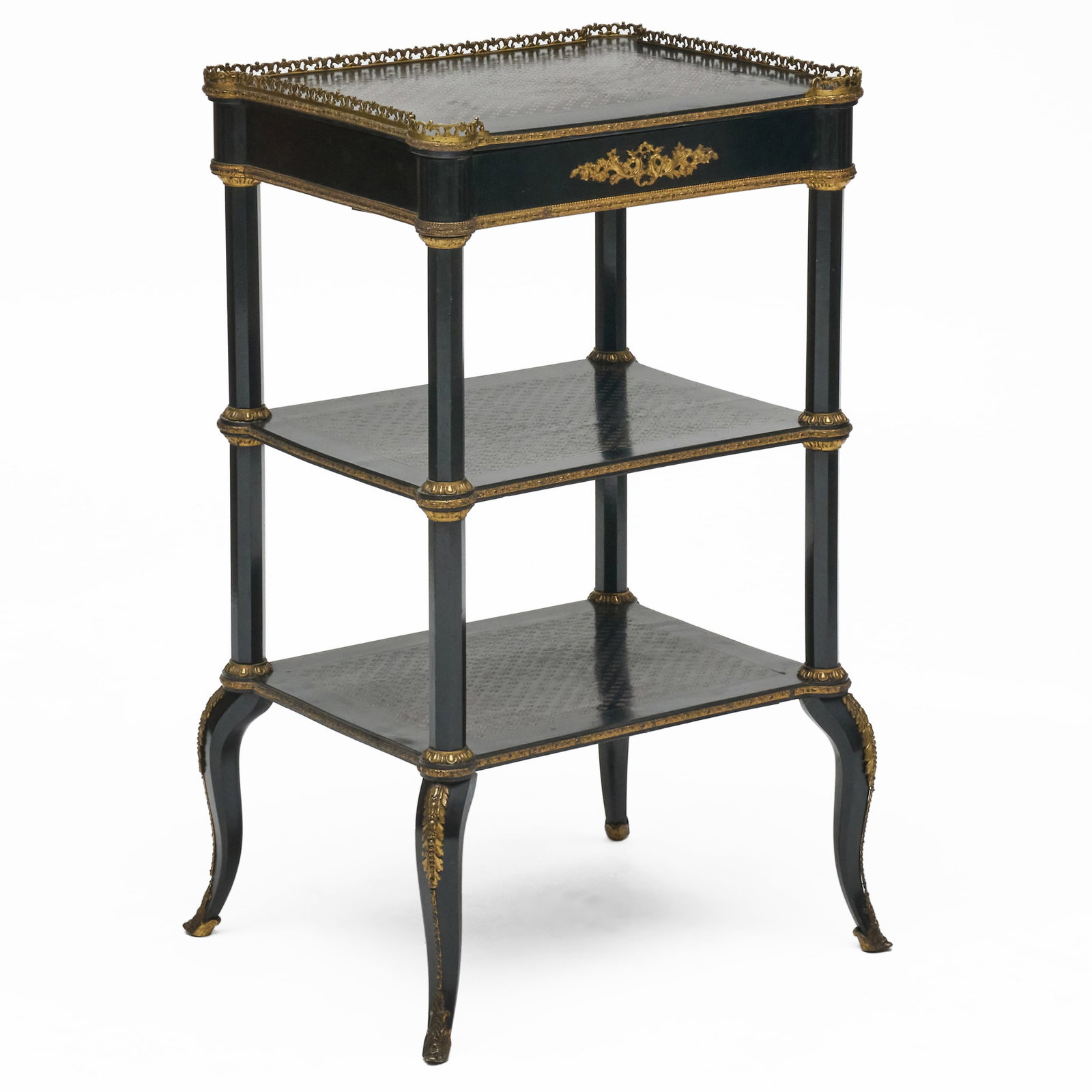 Napoleon III Gilt-Bronze-Mounted and Brass-Inlaid Ebonized Three-Tier Table (1 of 9)