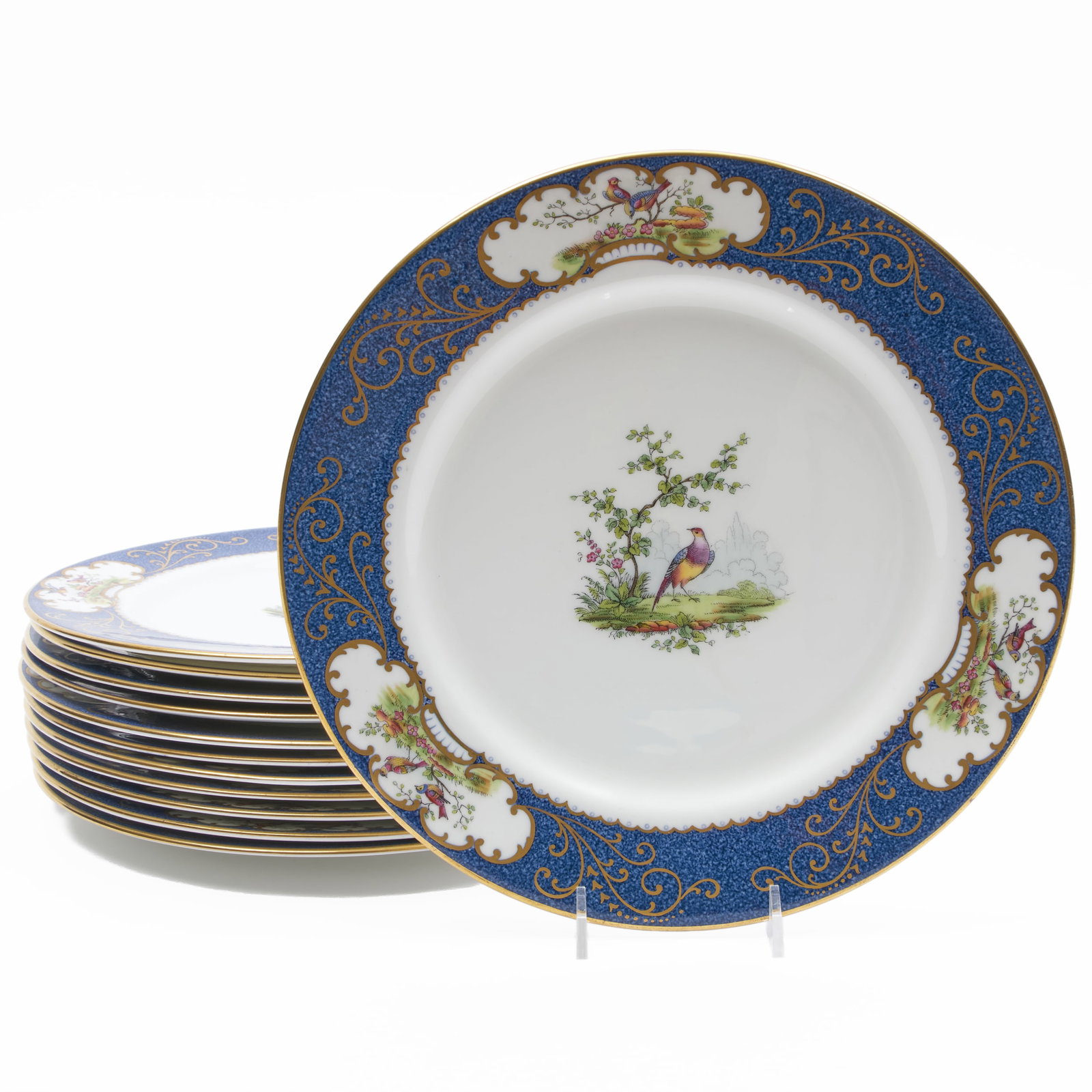 Set of Twelve Aynsley Porcelain Gilt and Blue Ground Dinner Plates Decorated with Birds (1 of 4)