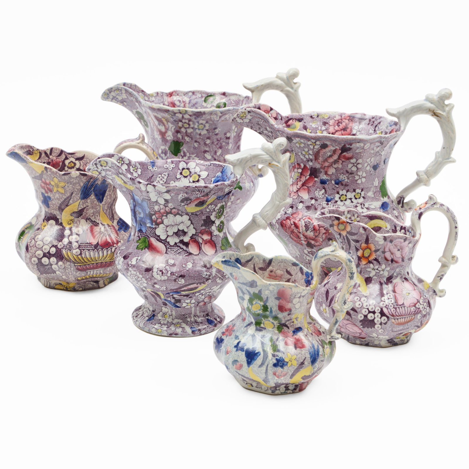 Group of Six Victorian Transfer Printed 'Chintz' Jugs of Various Size (1 of 20)
