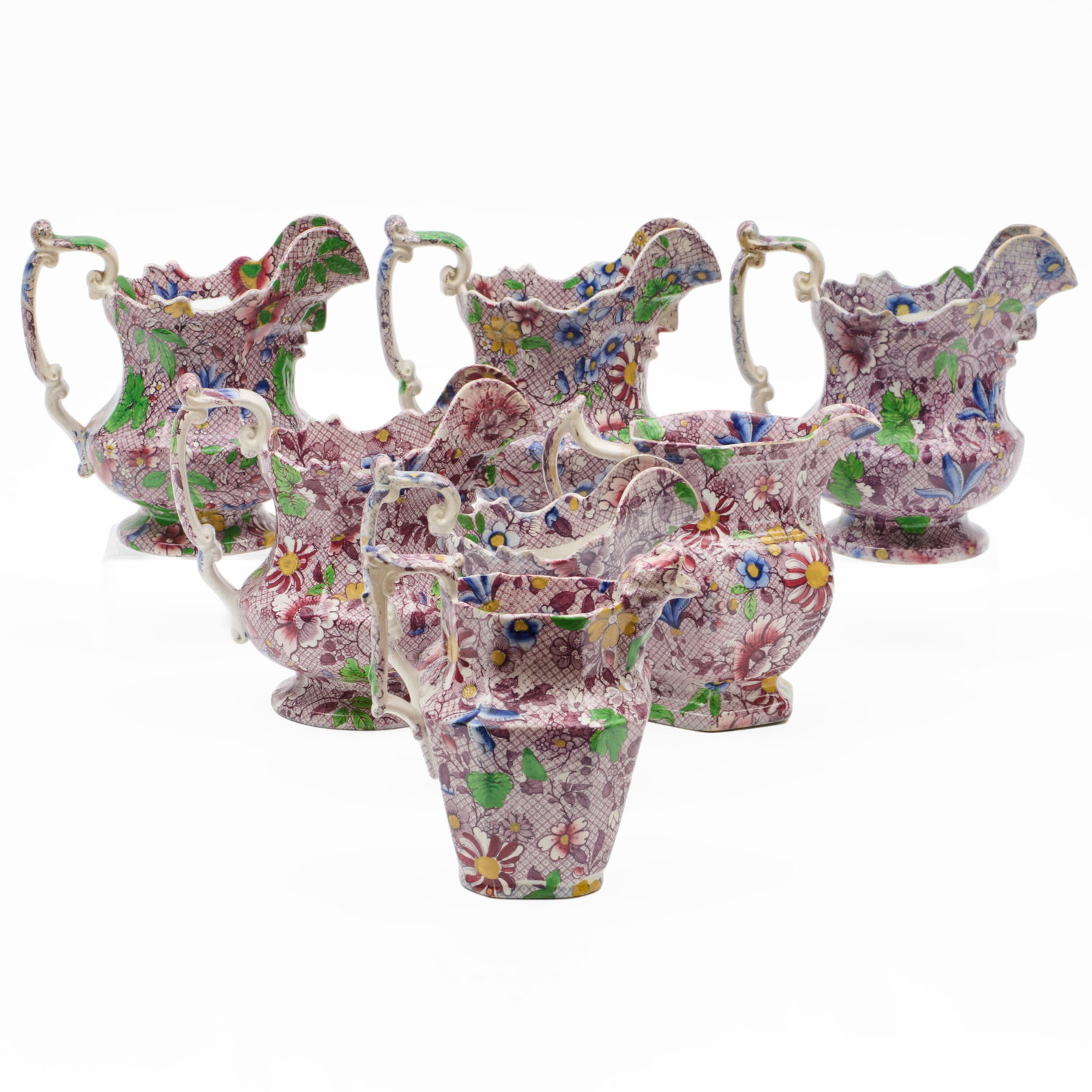 Group of Seven Victorian Transfer Printed 'Chintz' Jugs of Various Size (1 of 20)