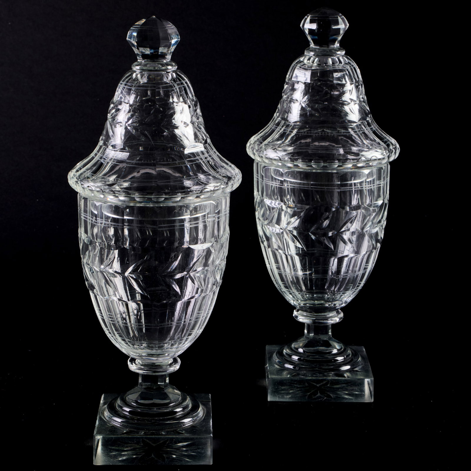 Two Cut Colorless Glass Sweetmeat Dishes and Covers: Two Cut Colorless Glass Sweetmeat Dishes and Covers