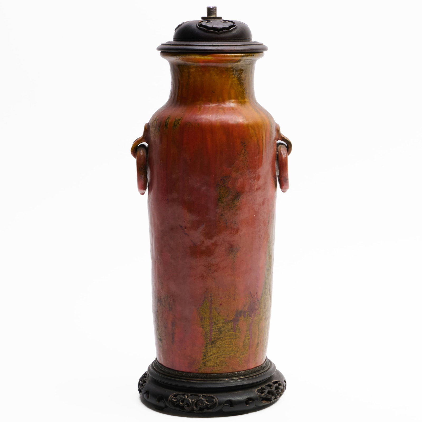 Iron Red and Green Glazed Ceramic Vase Mounted as a Lamp, Probably American: Iron Red and Green Glazed Ceramic Vase Mounted as a Lamp, Probably American