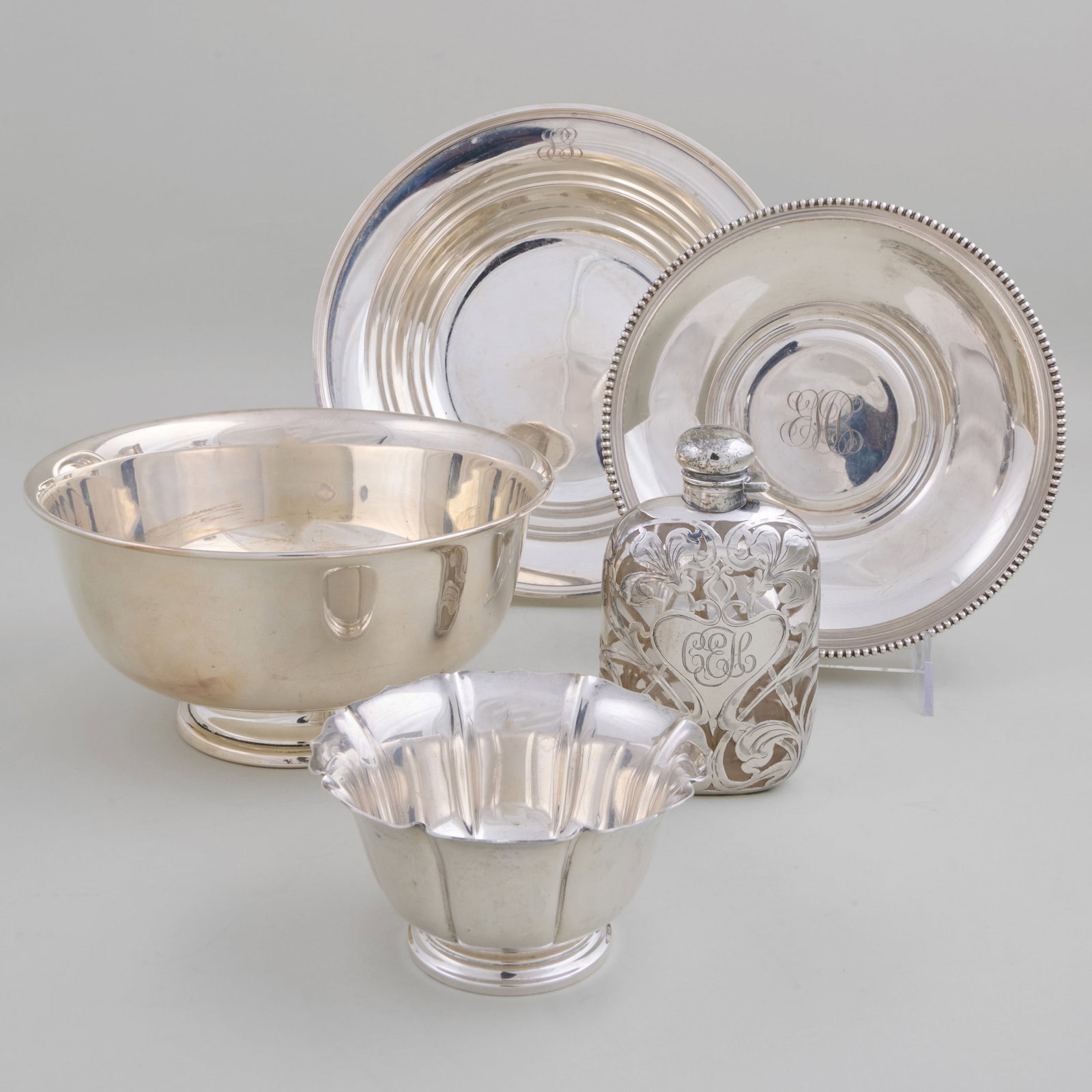 Group of Four American Silver Serving Bowls and a Silver Overlay Flask (1 of 20)