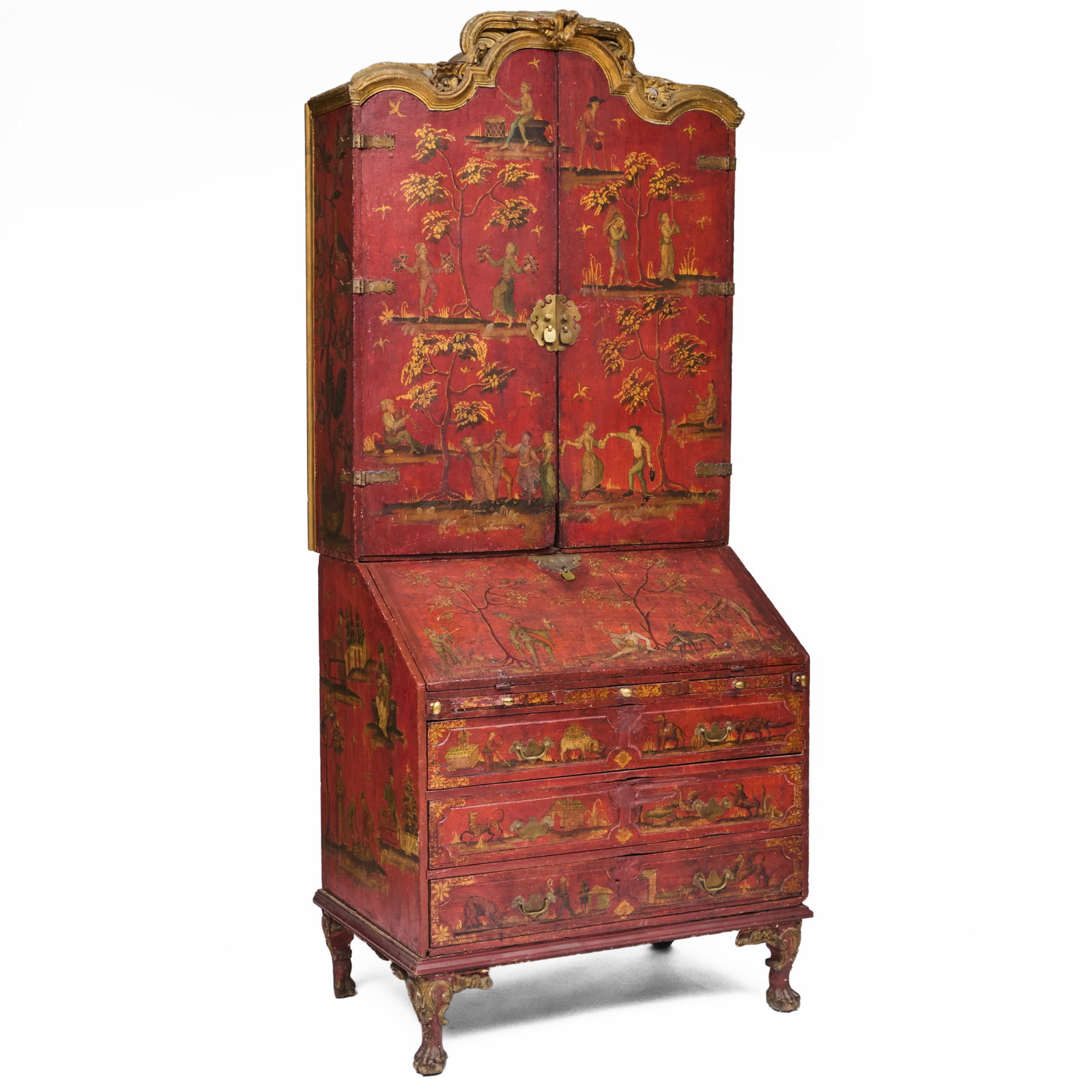 Italian Red Lacquer and Parcel-Gilt Chinoiserie Decorated Bureau Cabinet, Genoa (1 of 20)