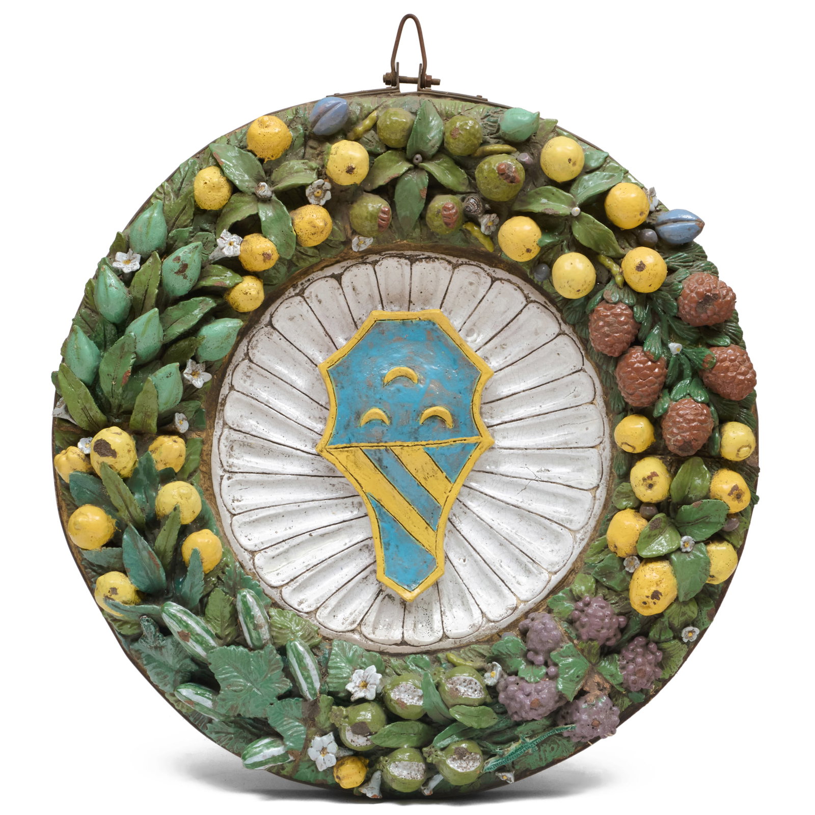 Large Della Robbia Style Glazed Terracotta Armorial Tondo: Large Della Robbia Style Glazed Terracotta Armorial Tondo 6 x 40 in. diam. Property from The Fortress in Troy, NY.