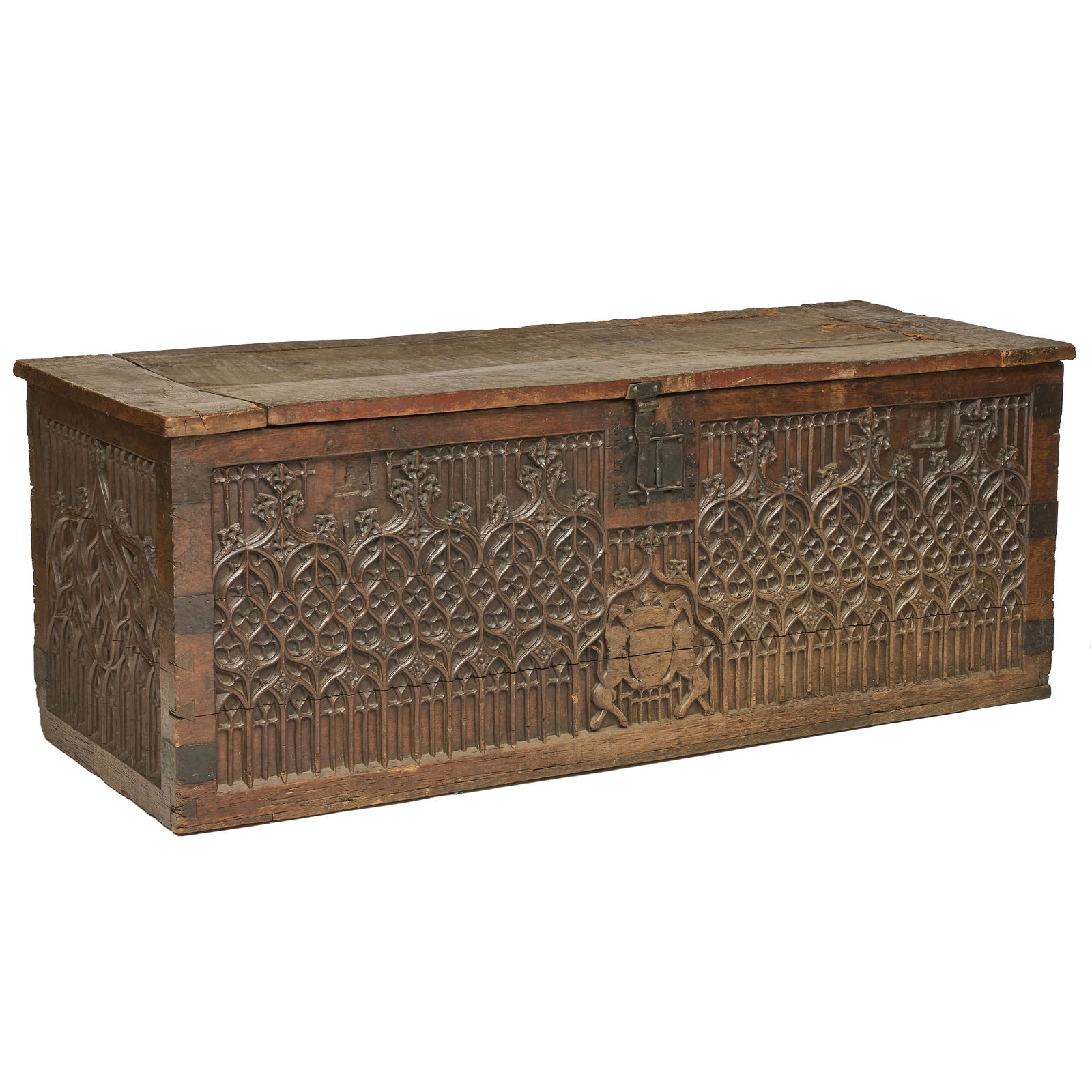 Large Gothic Iron-Mounted Carved Oak Chest (1 of 11)