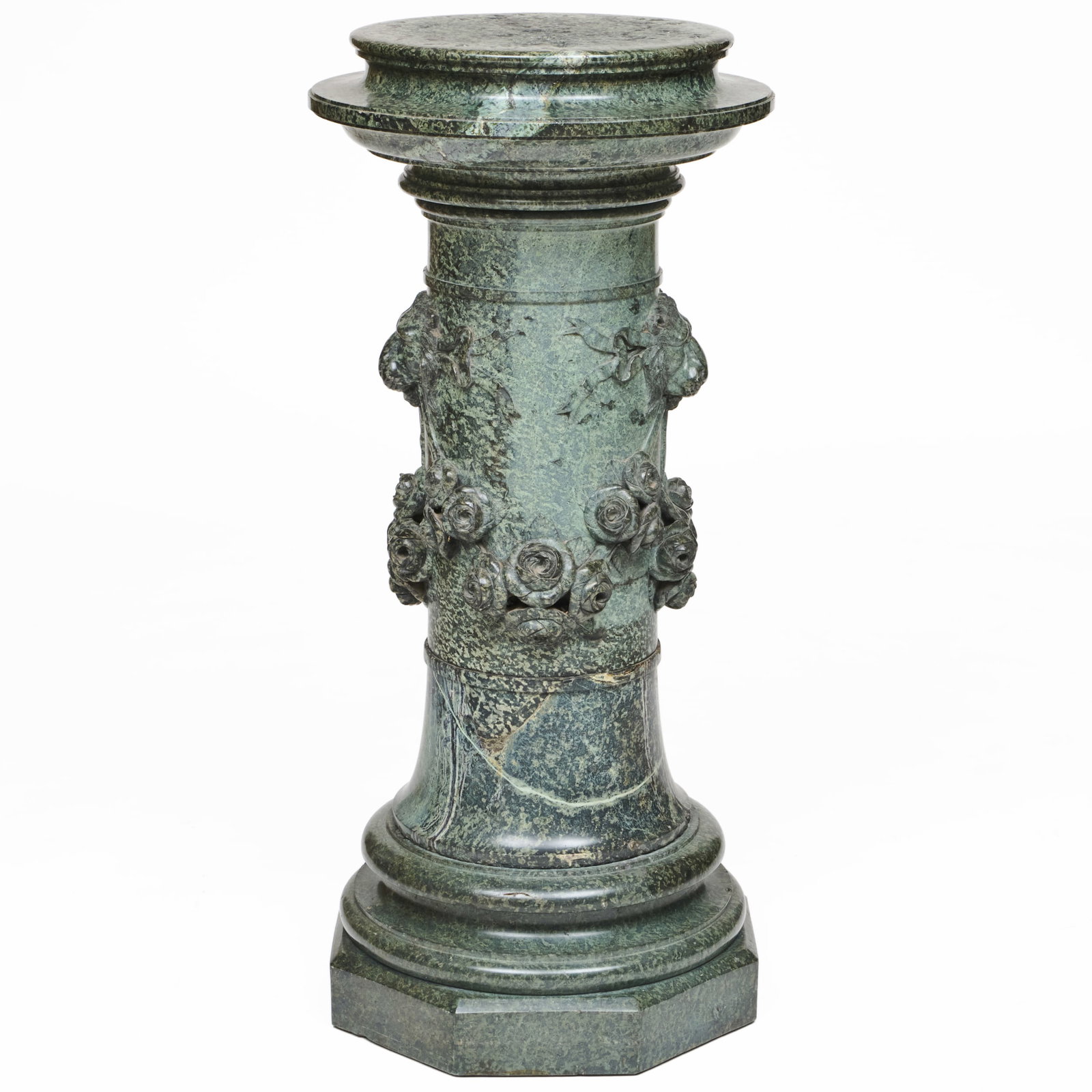 Baroque Style Carved Green Serpentine Marble Rotating Pedestal: Baroque Style Carved Green Serpentine Marble Rotating Pedestal 40 x 17 1/2 (top) x 19 in., (base). Property from The Fortress in Troy, NY.