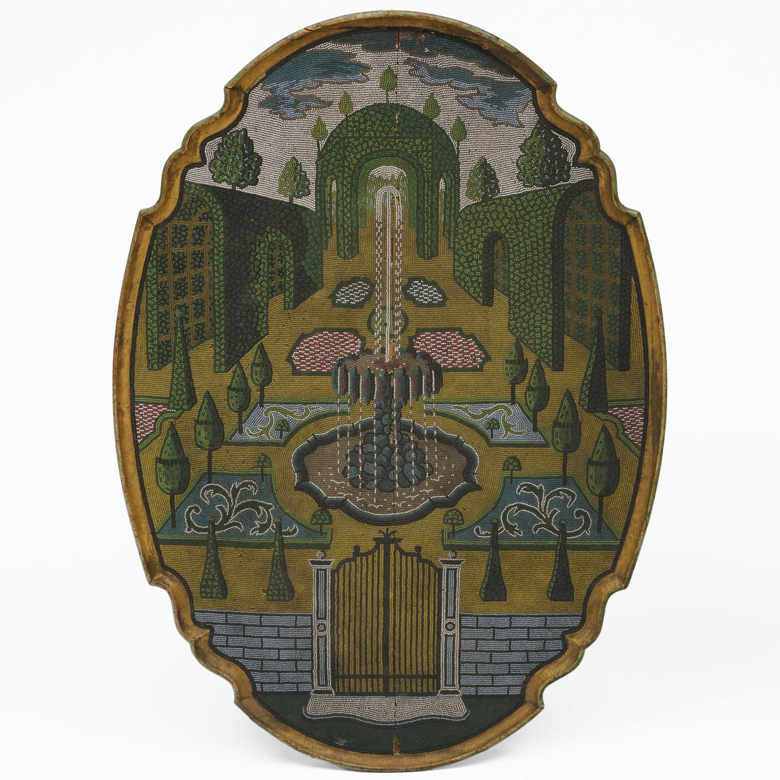 Fine German Rococo Glass Beadwork Table Top, Johann Michael van Selow, Braunschweig: Fine German Rococo Glass Beadwork Table Top, Johann Michael van Selow, Braunschweig The serpentine oval top decorated with a formal walled topiary garden centered by a fountain and a wrought-iron gate