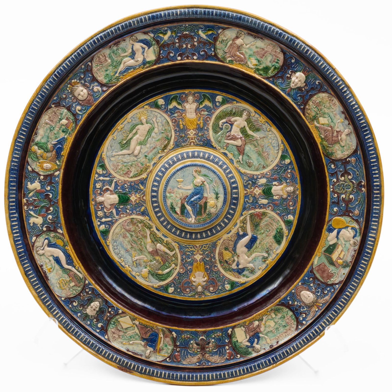 French Palissy Type Glazed Earthenware 'Temperantia' Basin (1 of 4)