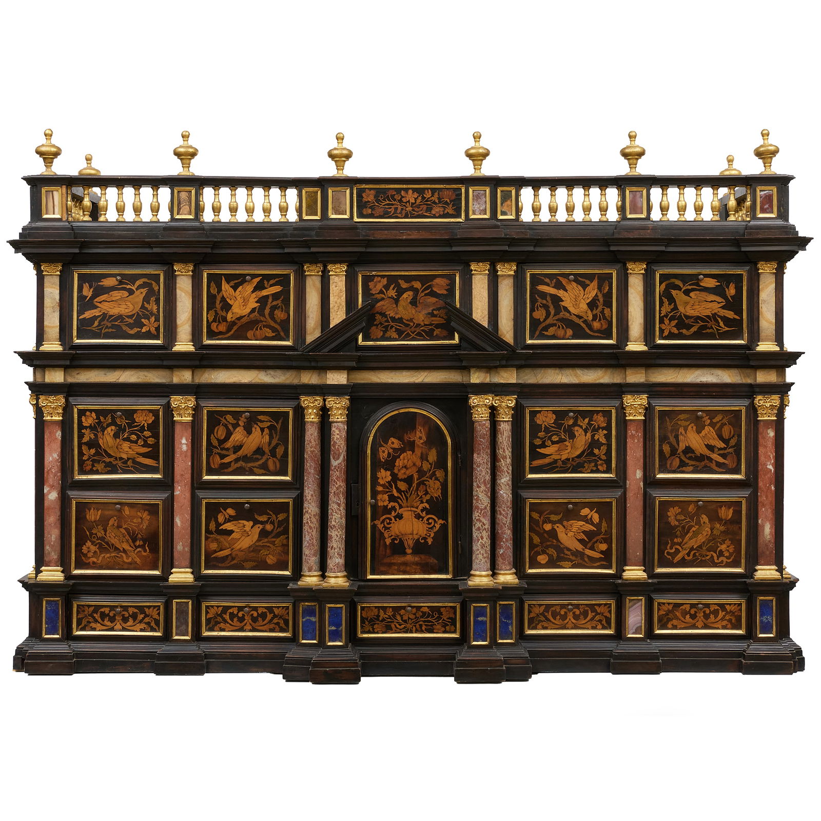 Fine Italian Baroque Marble-Mounted Fruitwood and Various Wood Marquetry and Parcel-Gilt Cabinet: Fine Italian Baroque Marble-Mounted Fruitwood and Various Wood Marquetry and Parcel-Gilt Cabinet 4 ft. 1 3/4 x 6 ft. 1 in. x 27 in. Property from The Fortress in Troy, NY.