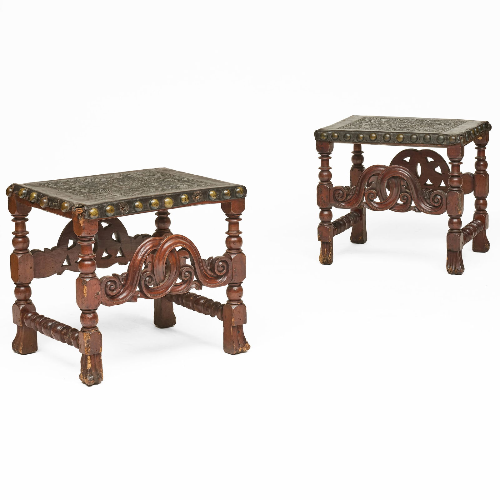 Pair of Spanish Baroque Carved Mahogany Stools with Tooled Leather Seats (1 of 7)