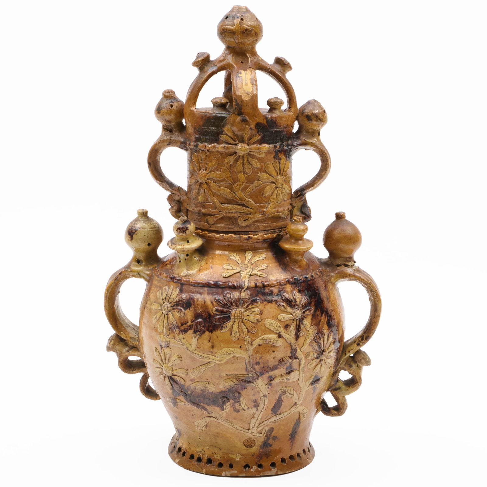 French Glazed Pottery Jar and Cover, Possibly Normandy: French Glazed Pottery Jar and Cover, Possibly NormandyUnmarked.22 1/4 x 12 1/2 x 8 in.Property from The Fortress in Troy, NY.