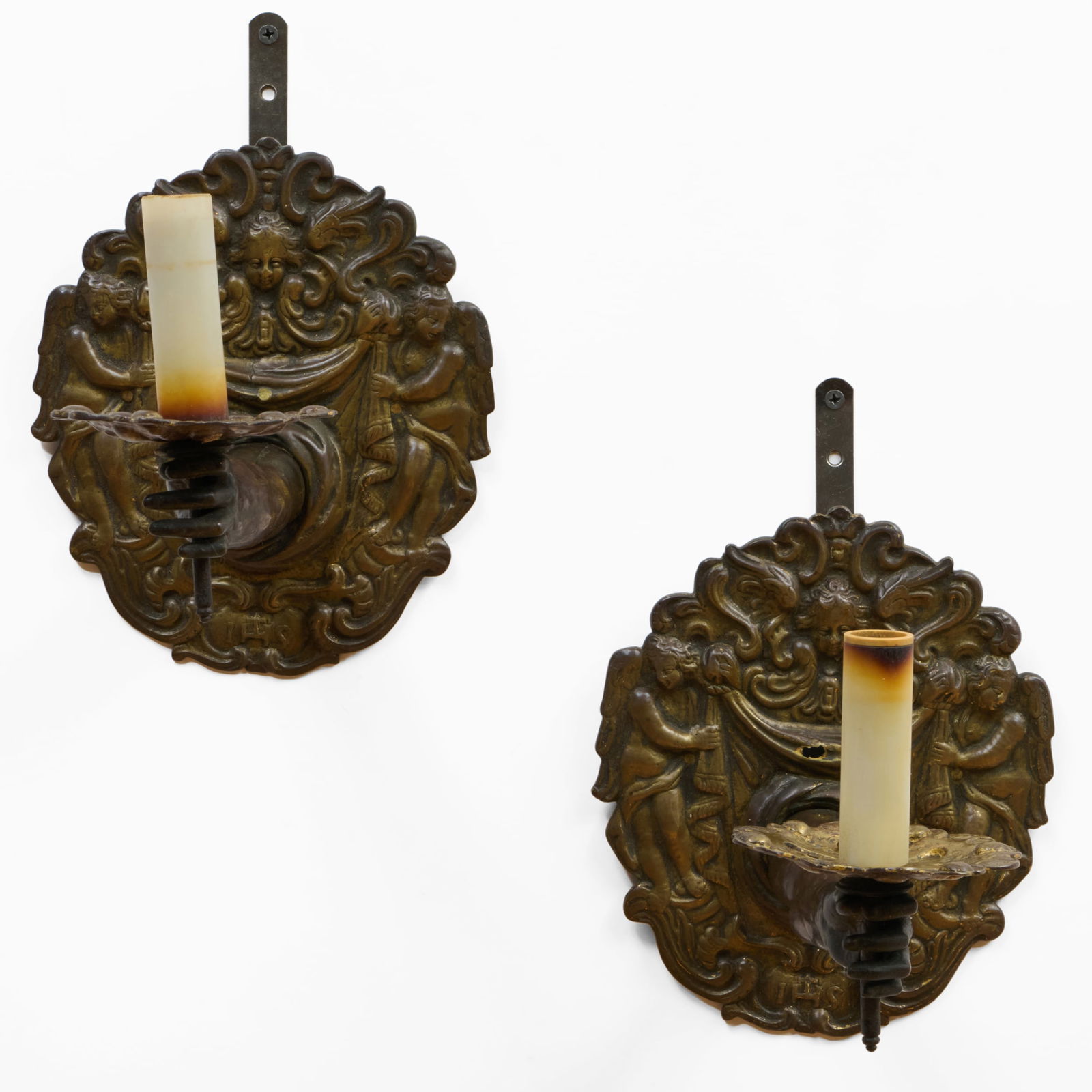Pair of Italian Baroque Bronze Wall Lights: Pair of Italian Baroque Bronze Wall LightsFitted with custom wood wall mounts. 9 x 8 x 11 1/2 in. Property from The Fortress in Troy, NY.