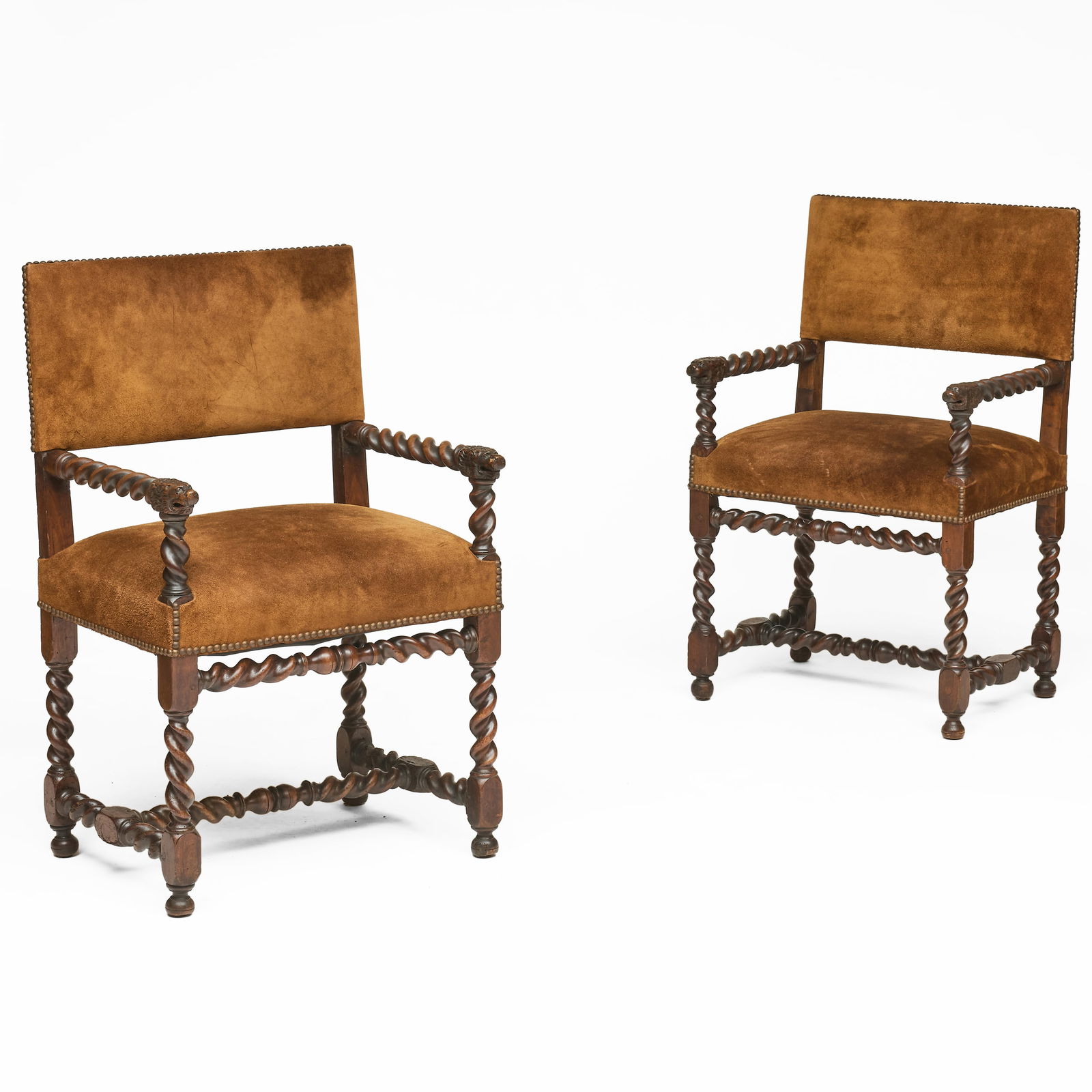 Pair of Continental Baroque Walnut and Suede Upholstered Armchairs (1 of 13)