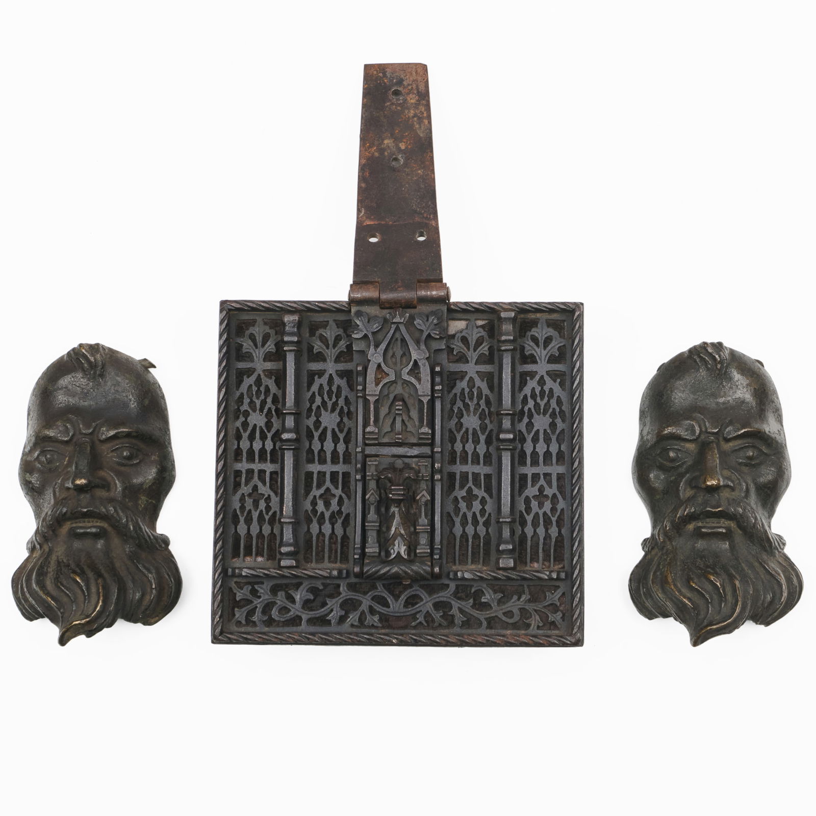 Iron Gothic Lock Plate, probably French and a Pair of Bronze Bearded Male Mask Mounts (1 of 19)