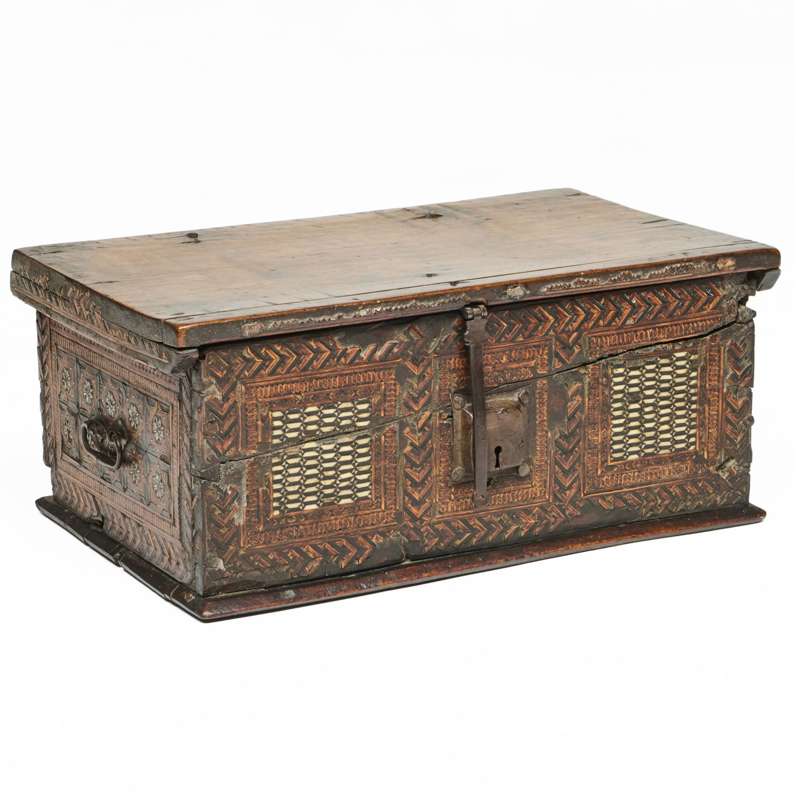 Small Spanish Baroque Iron-Mounted Walnut Intarsia and Bone Inlaid Chest (1 of 13)