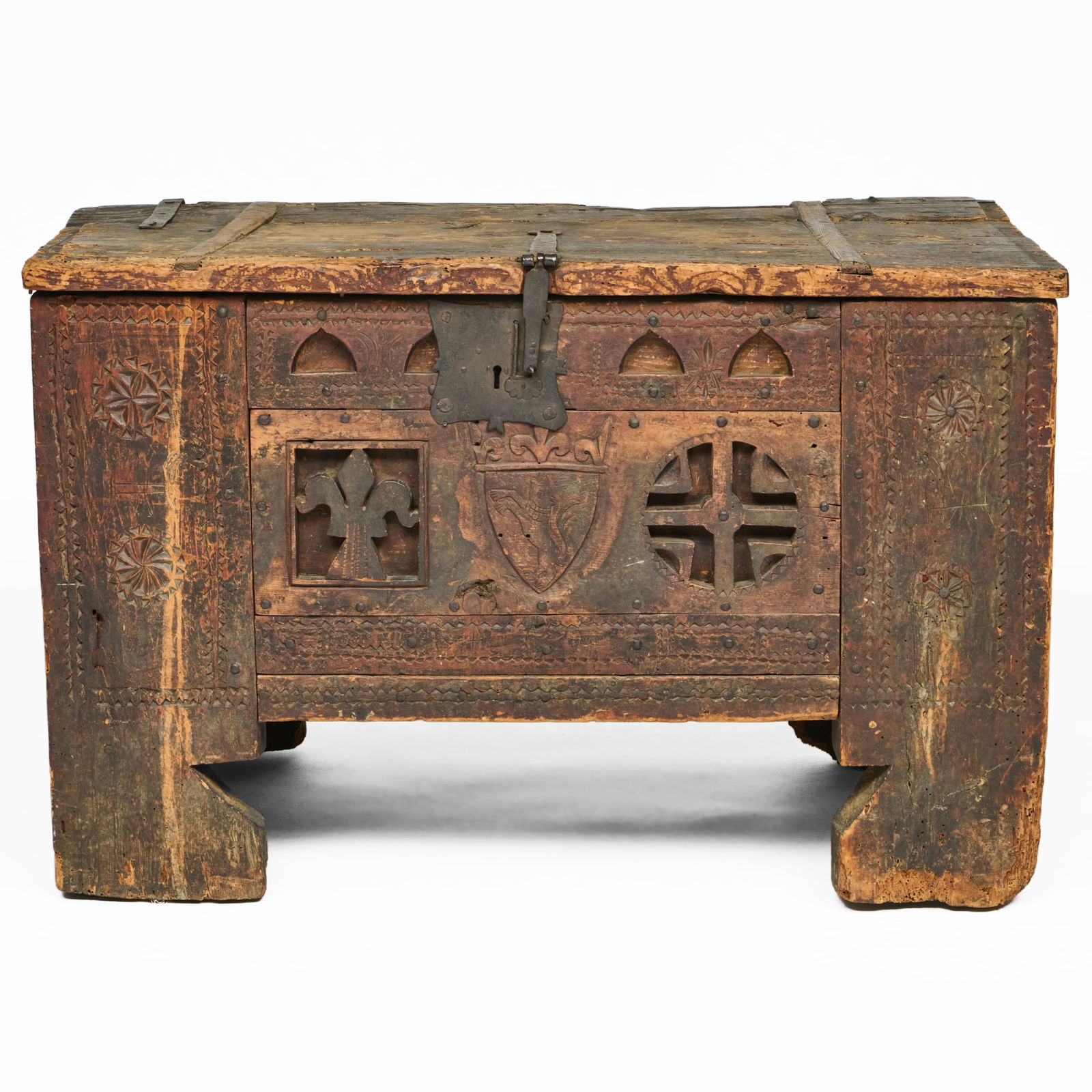 French Gothic Wrought-Iron-Mounted Oak Chest: French Gothic Wrought-Iron-Mounted Oak Chest Apotropaic carvings and a coat-of-arms to the front panel. 30 x 4 ft. x 26 in. Property from The Fortress in Troy, NY.