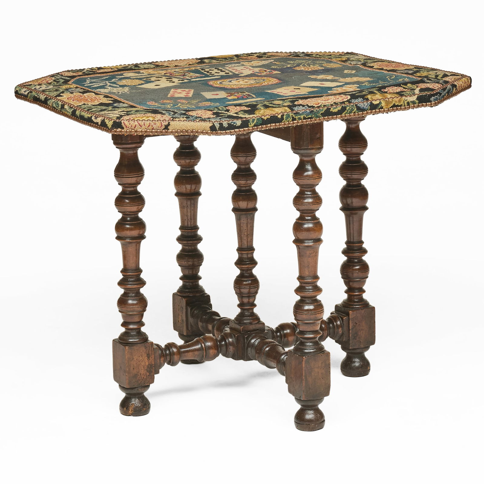 Italian Baroque Walnut Games Table: Italian Baroque Walnut Games Table Fitted with a later needlework top. 28 x 35 1/2 x 30 1/2 in. Property from The Fortress in Troy, NY.