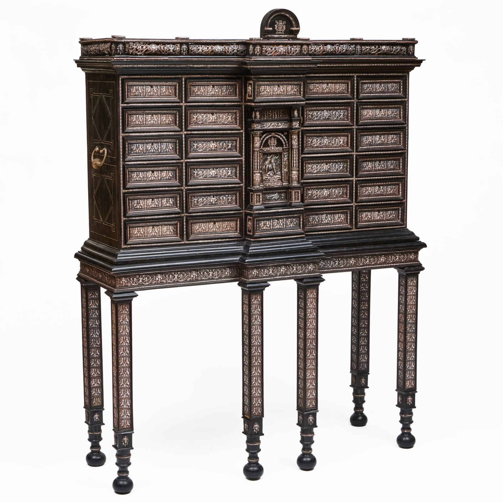 Fine Louis XIV Silver-Mounted Ebonized Cabinet on Stand: Fine Louis XIV Silver-Mounted Ebonized Cabinet on Stand In two parts. 5 ft. 11 in. x 4 ft. 6 in. x 19 1/2 in. Property from The Fortress in Troy, NY.