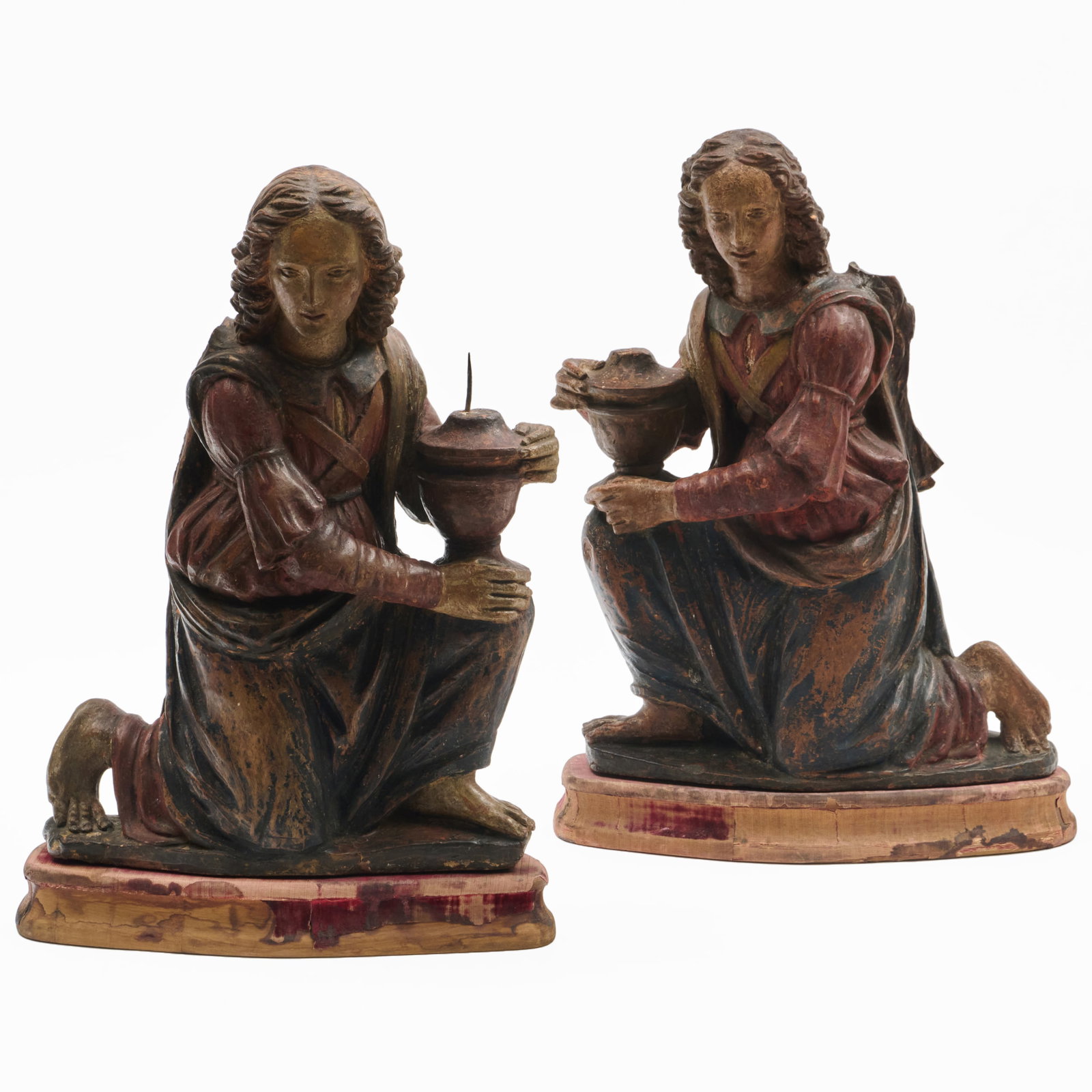 Pair of Italian Polychrome Glazed Terracotta Kneeling Pricket Candlesticks, After Benedetto Buglioni: Pair of Italian Polychrome Glazed Terracotta Kneeling Pricket Candlesticks, After Benedetto Buglioni Unmarked, after a model by Benedetto Buglioni, (1459/60 - 1521). 19 x 13 x 4 1/2 in. Note: Benedett