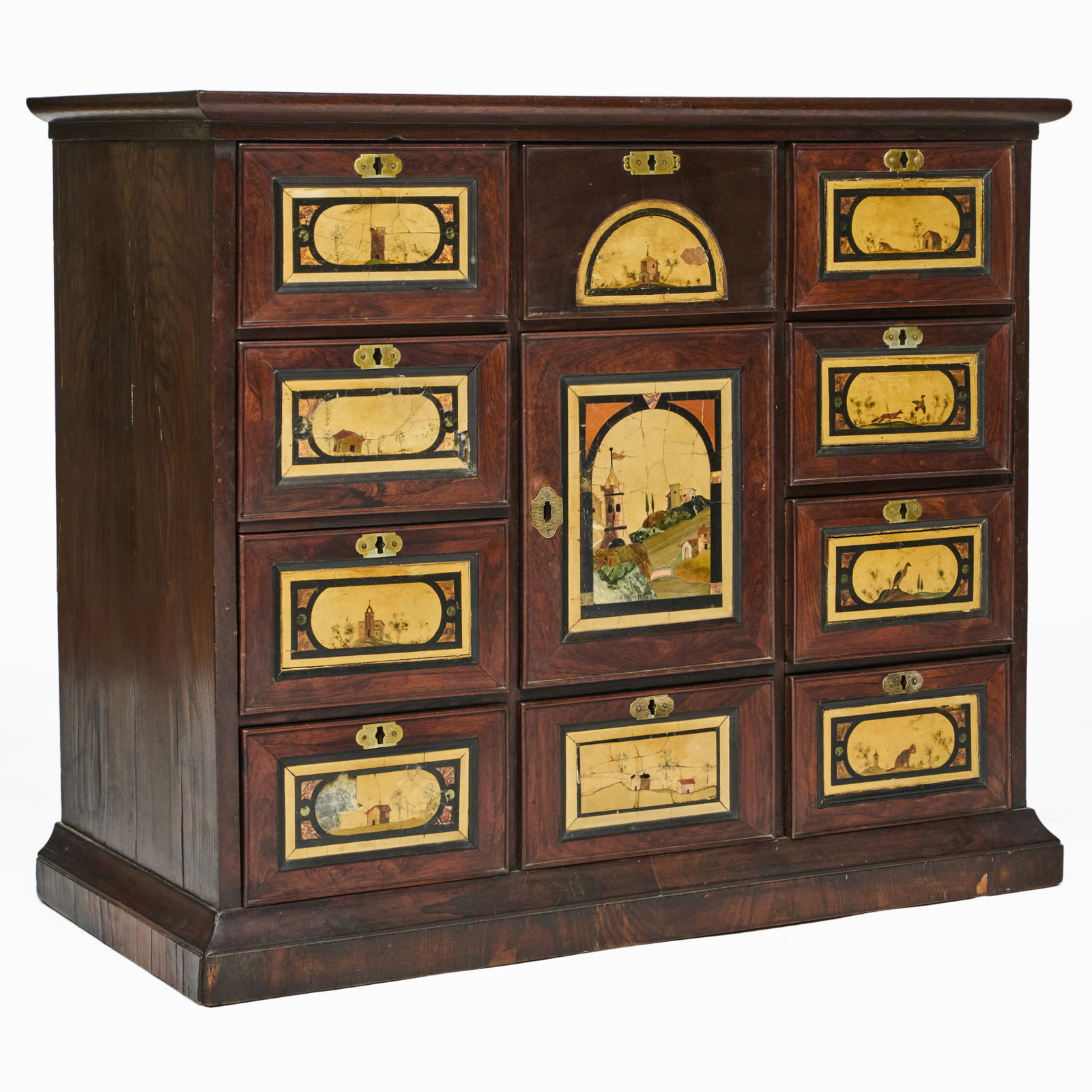 Italian Baroque Pietra Dura and Simulated Painted Pietra Dura Walnut Table Cabinet: Italian Baroque Pietra Dura and Simulated Painted Pietra Dura Walnut Table Cabinet 30 1/2 x 36 x 17 in. Property from The Fortress in Troy, NY.