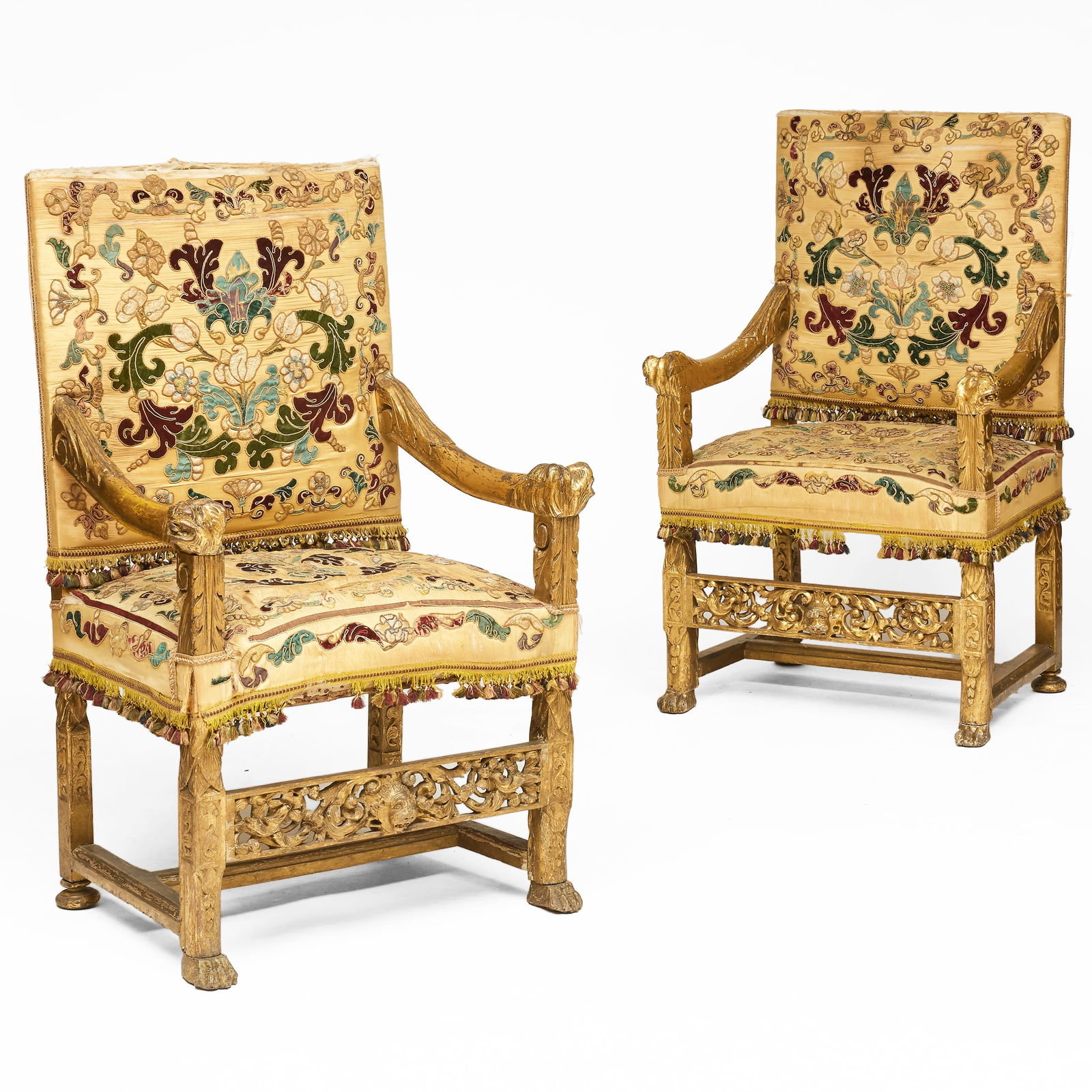 Pair of Italian Baroque Style Giltwood Armchairs: Pair of Italian Baroque Style Giltwood Armchairs 43 1/4 x 28 x 20 1/2 in., seat height 19 in. Property from The Fortress in Troy, NY.
