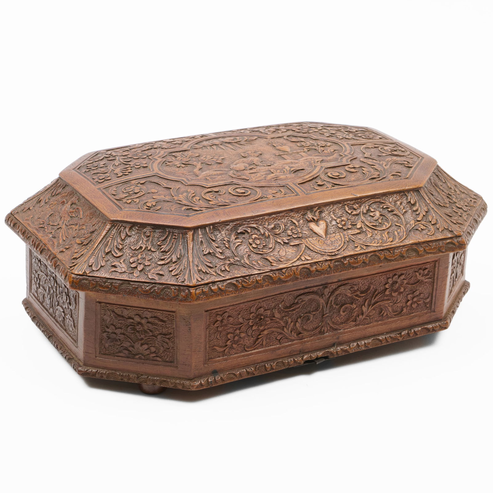 Louis XIV Carved 'Bois de Sainte-Lucie' Casket: Louis XIV Carved 'Bois de Sainte-Lucie' Casket 3 3/4 x 112 x 8 1/2 in. Note: This casket is executed in so-called 'bois de Bagard' or 'bois de Sainte-Lucie', a reddish cherrywood with a fine grain whi