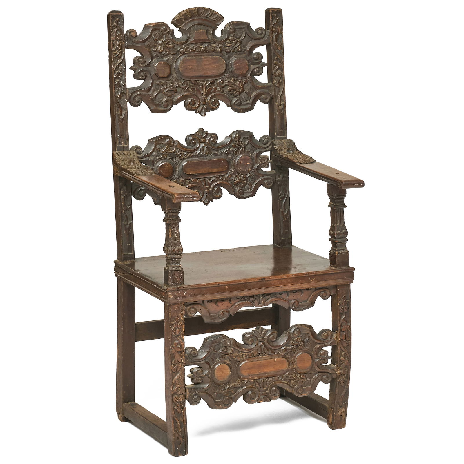 Spanish Baroque Carved Walnut Tall Back Armchair, Possibly Italian (1 of 12)