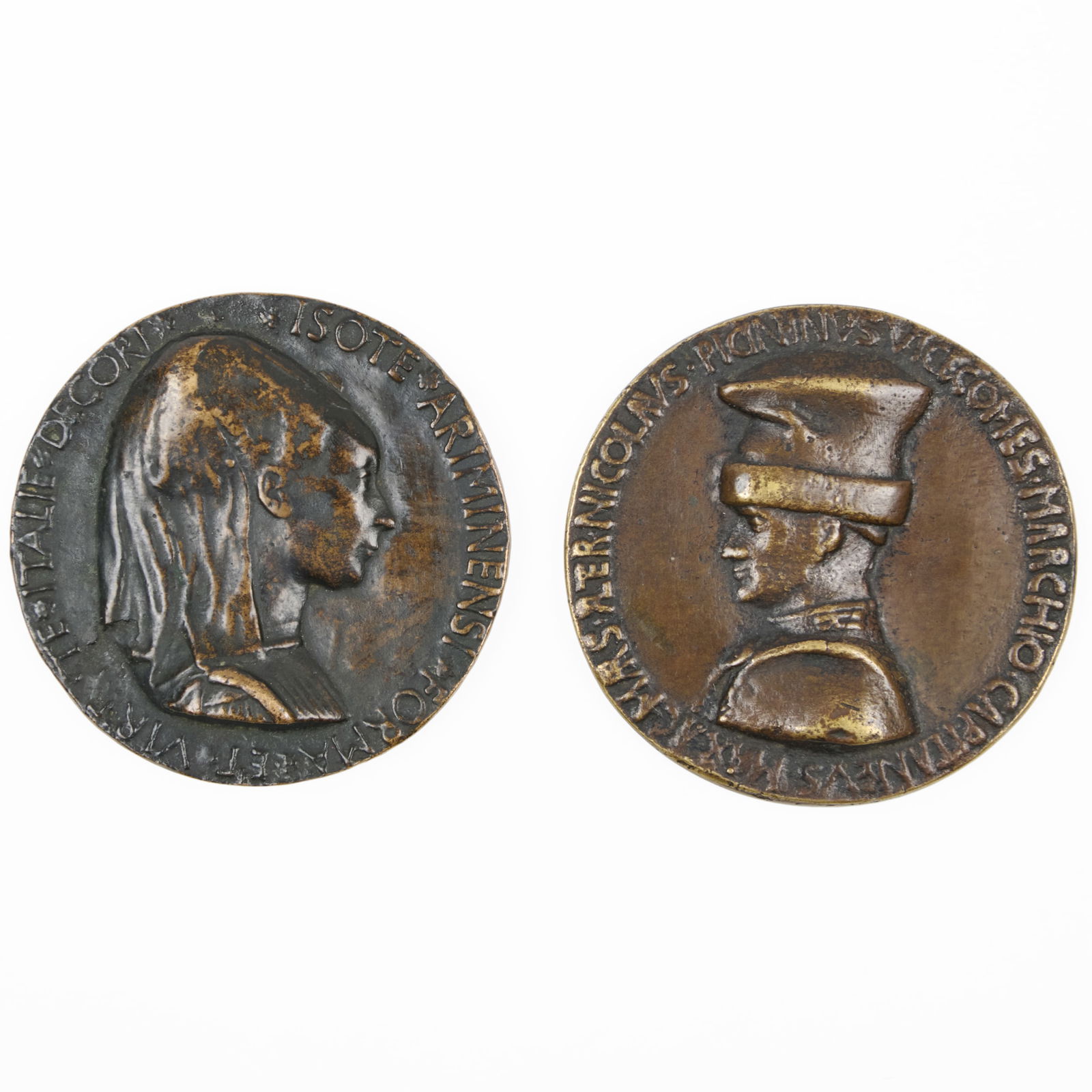 Two Renaissance Style Bronze Portrait Medals: Two Renaissance Style Bronze Portrait Medals 3 1/4 in. diam. Note: The medal with the lady: Isotta degli Atti, by Matteo de'Pasti, originally cast c. 1446. The other: Niccolo Piccinino by Antonio di P