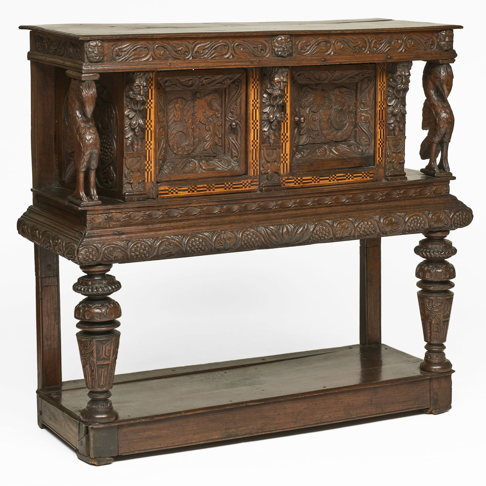 Elizabethan Carved and Inlaid Oak Court Cupboard: Elizabethan Carved and Inlaid Oak Court Cupboard4 ft. 1 1/2 x 4 ft. 6 x 19 1/2 in.Property from The Fortress in Troy, NY.