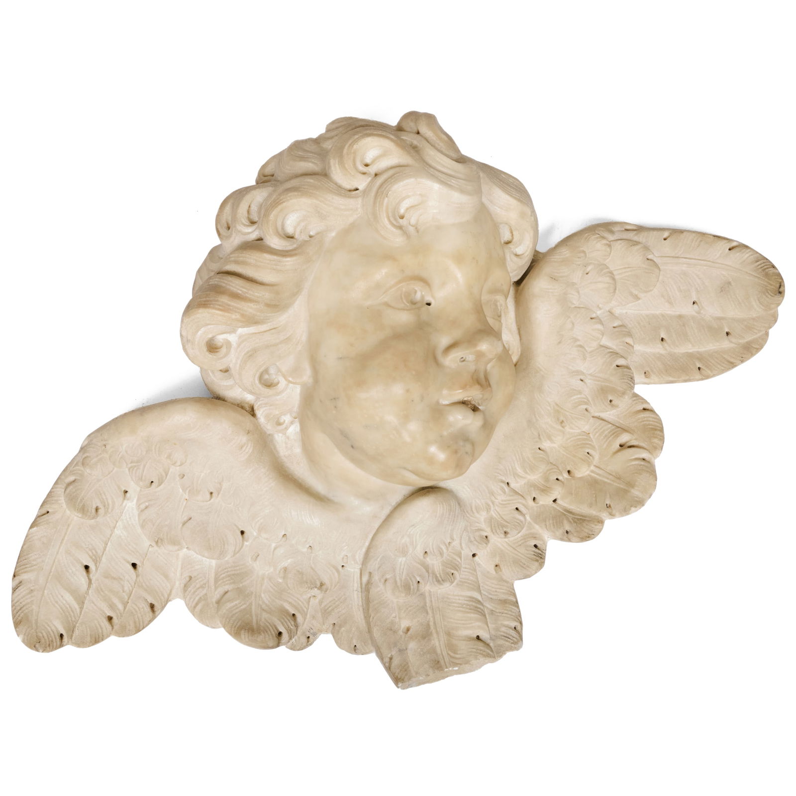Carved Marble Winged Cherub Fountainhead Mask: Carved Marble Winged Cherub Fountainhead Mask23 1/2 x 37 1/2 x 11 in.Property from The Fortress in Troy, NY.