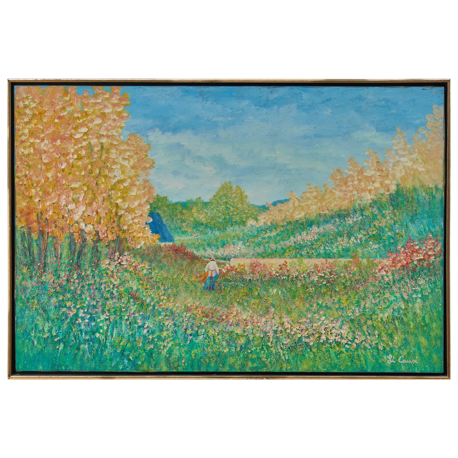 Rino Li Causi (b. 1943): Figure in the Garden; and Garden by the Harbor: Rino Li Causi (b. 1943): Figure in the Garden; and Garden by the Harbor Two oil on canvas, both signed 'Li Causi' lower right. Both 24 x 36 in., 25 1/4 x 37 in. (frame). Private Collection of an Atlan