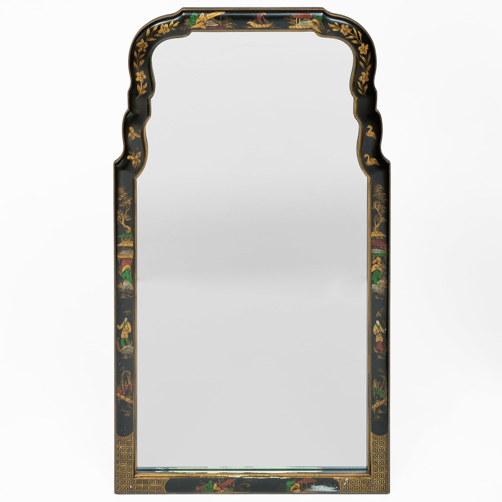 Black Lacquer and Parcel-Gilt Chinoiserie Mirror, in the Queen Anne Taste: Black Lacquer and Parcel-Gilt Chinoiserie Mirror, in the Queen Anne Taste 37 1/4 x 21 in. Private Collection of an Atlanta Collector.